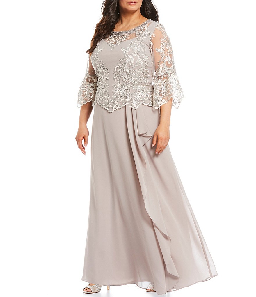 Le Bos Plus Size Pearl Round Neck Trim Detail 3/4 Bell Sleeve Lace Popover Cascade A-Line Gown