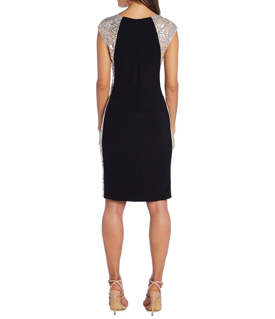 R & M Richards Beaded Power Mesh Side Panel Knit Jersey Sheath Dress