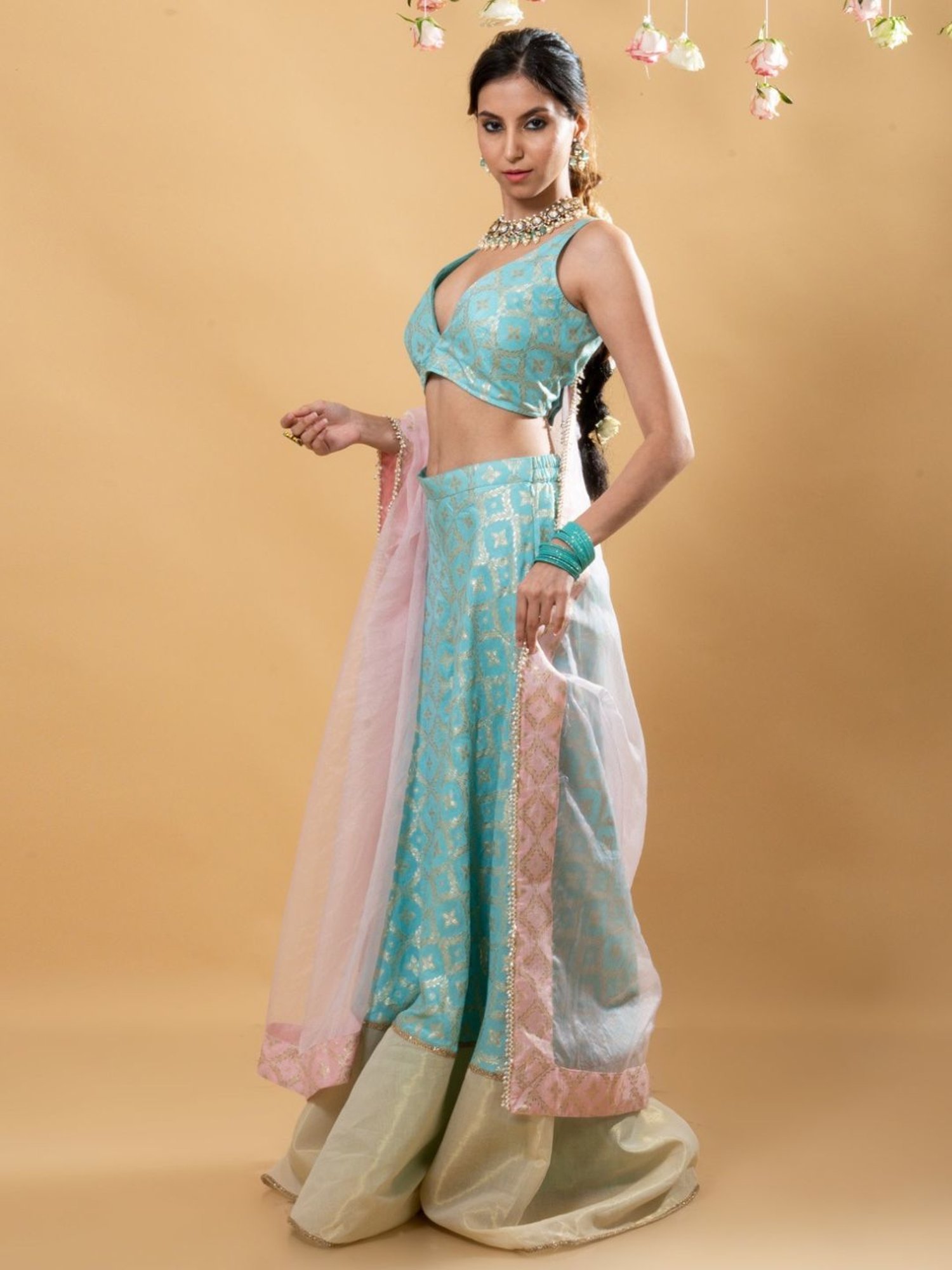 Monk and Mei Sitara Multi Nitya Brocade Sharara Blouse Dupatta Set