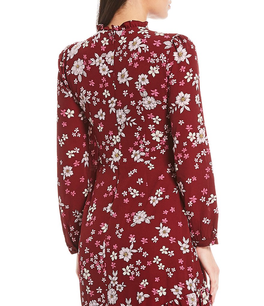 Maggy London Ruffle Neck Long Sleeve Floral Print Midi Dress
