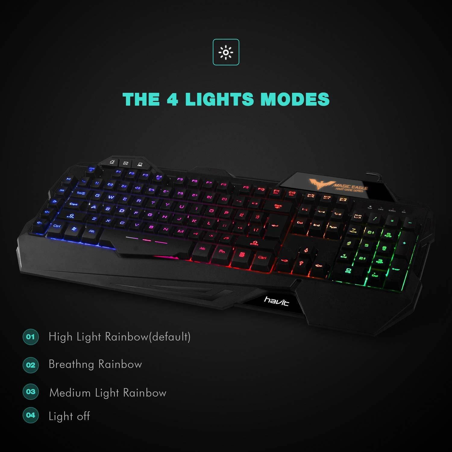 Havit Keyboard Rainbow Backlit Wired Gaming Keyboard Mouse Combo, LED 104 Keys USB Ergonomic Wrist Rest Keyboard, 3200DPI 6 Button Mouse for Windows PC Gamer Desktop, Computer (Black)