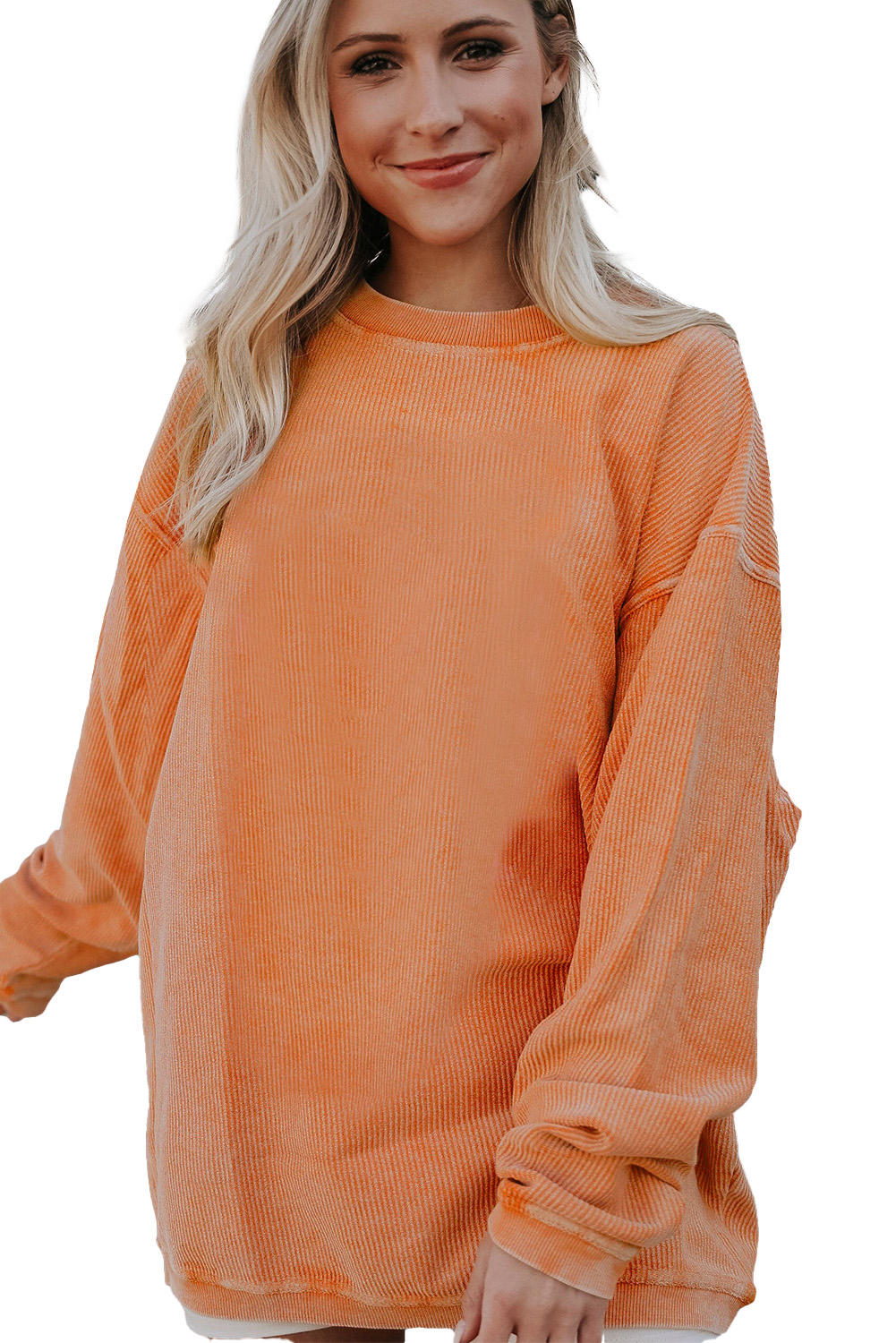 Orange Plain Drop Sleeve Crinkle Rib Oversized Sweatshirt