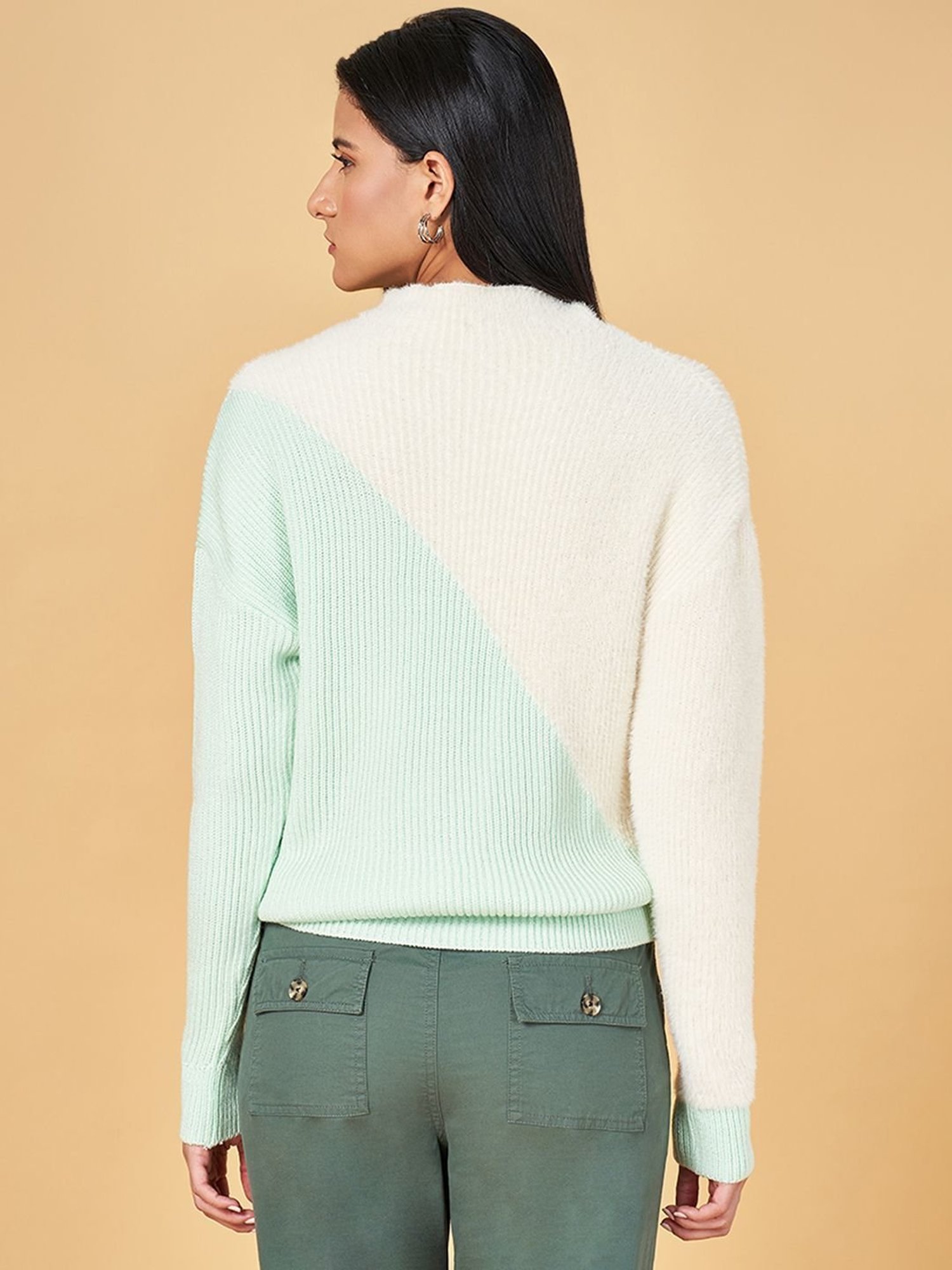 Honey by Pantaloons White & Green Color-Block Sweater