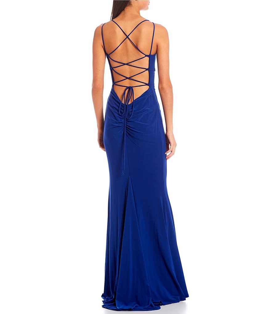 Jump Double Spaghetti Strap Square-Neck Lace-Up-Back Long Dress