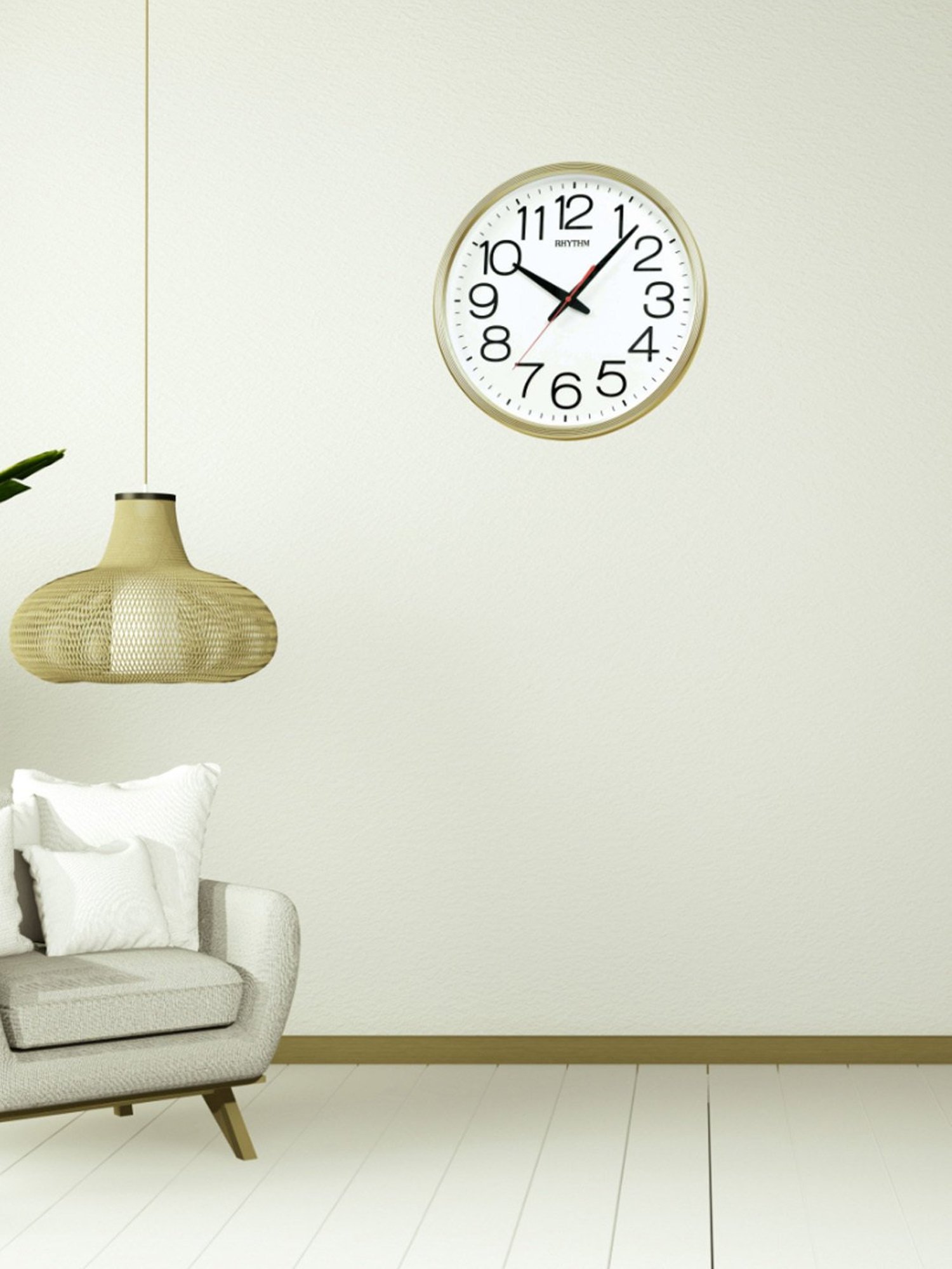 RHYTHM Gold & White Plastic Elegant Round Silky Silent Move Wall Clock