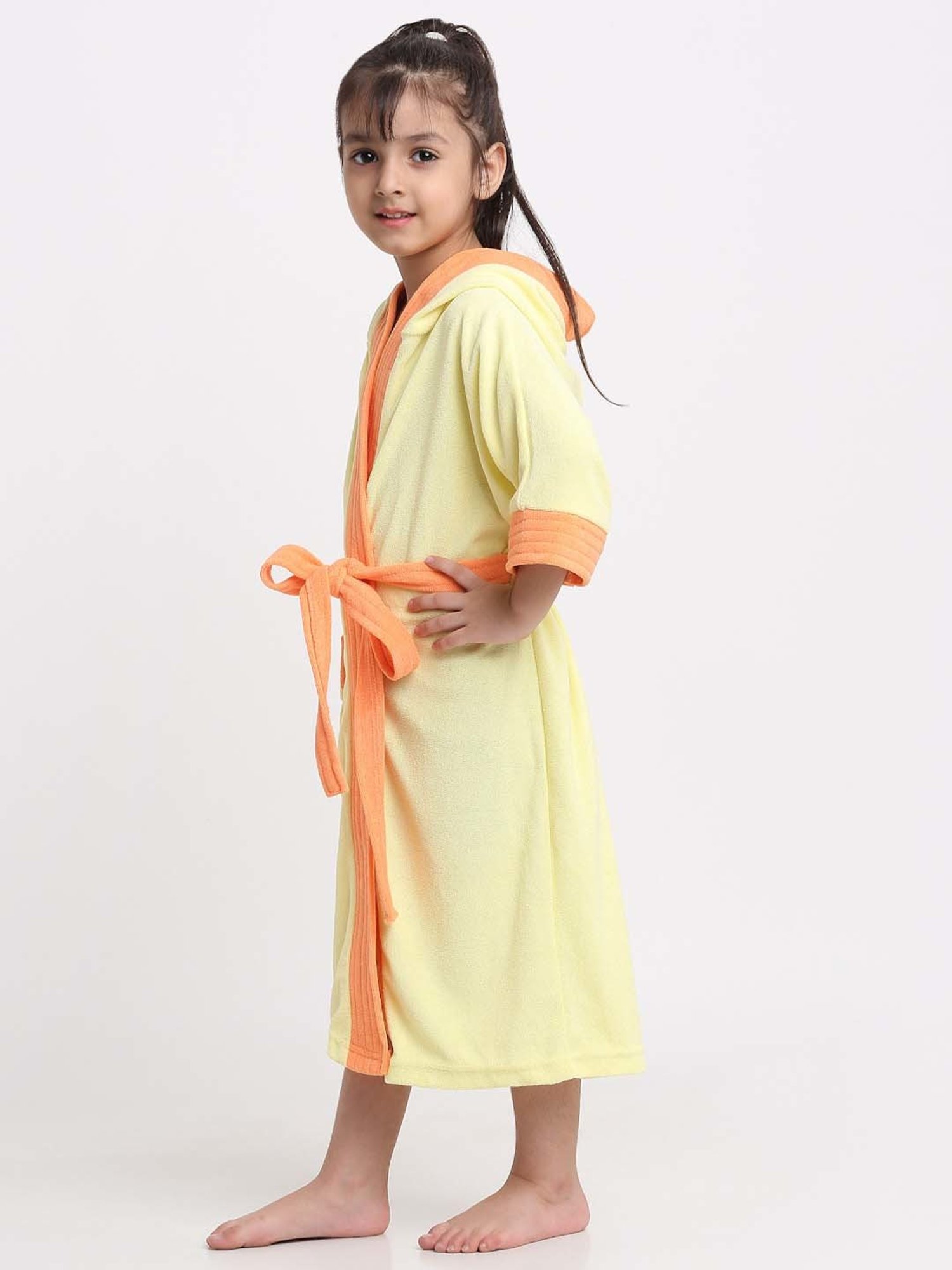 Creeva Melodious Yellow & Orange Micro Terry 225 GSM Kids Hooded Bathrobe 4-5 Years With Pocket