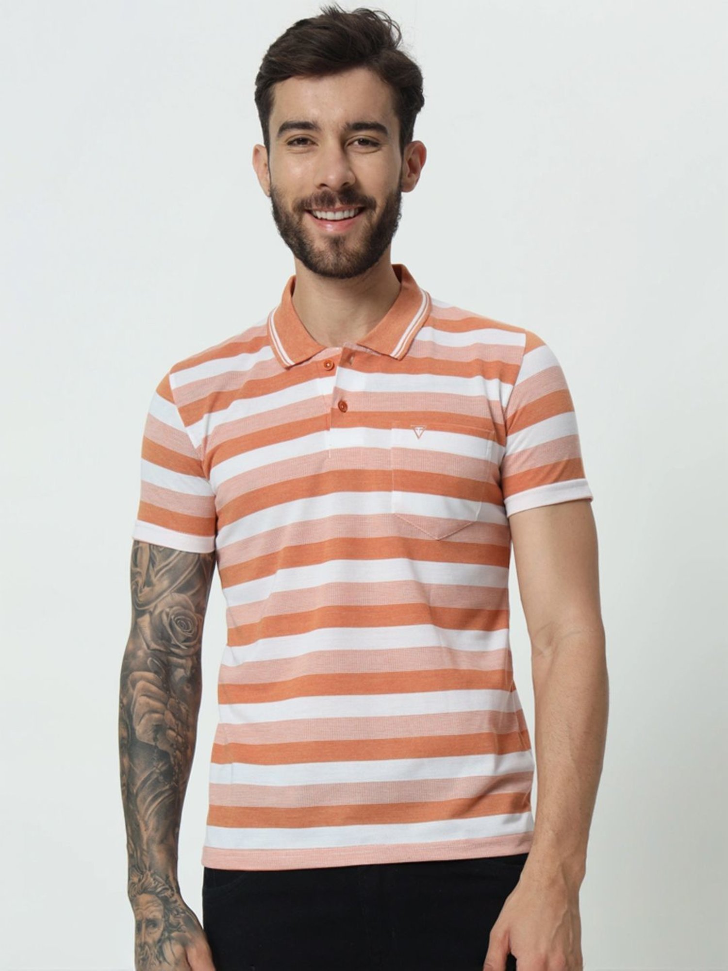 Tab91 Orange Regular Fit Striped Polo T-Shirts