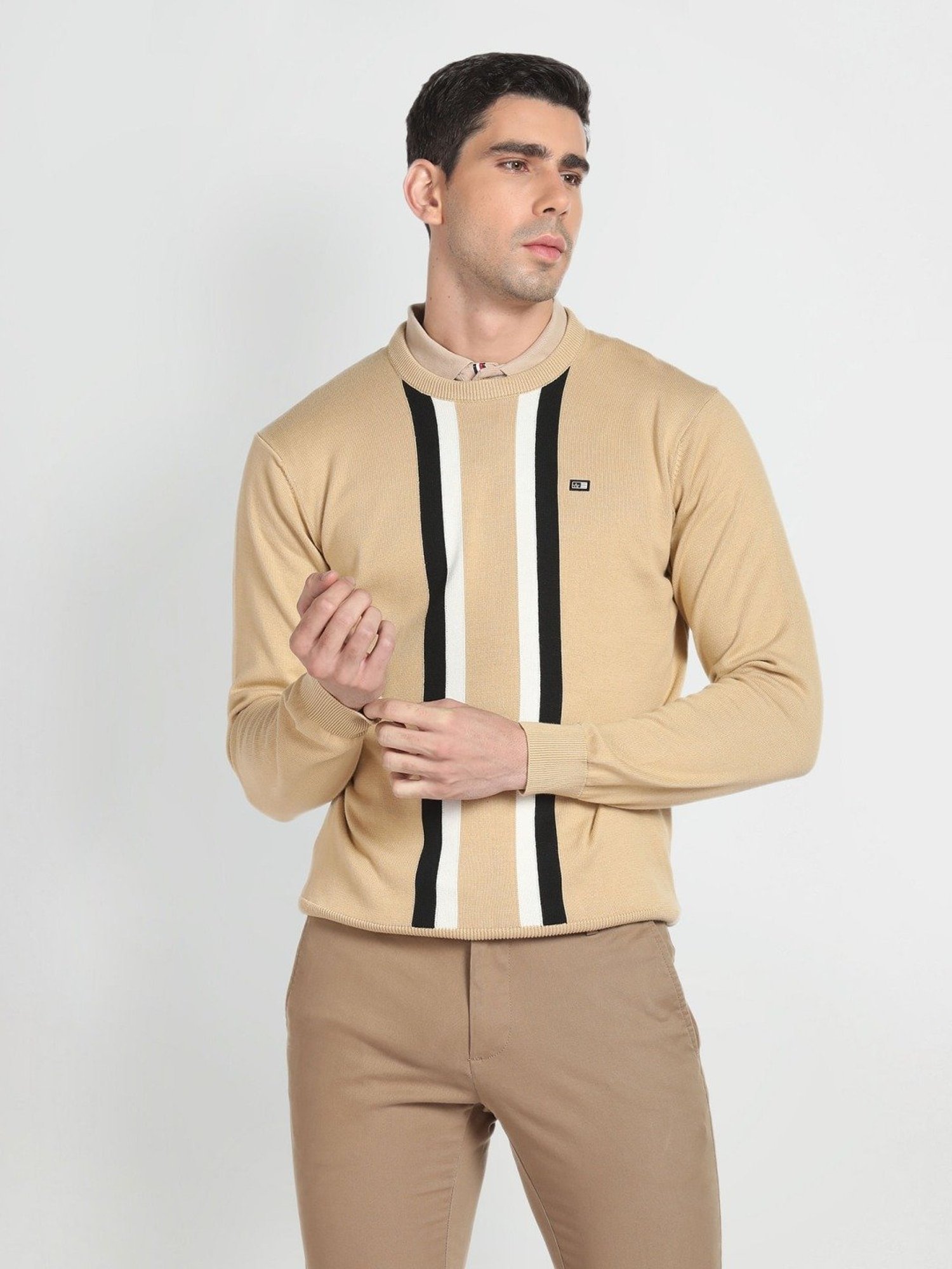 Arrow Sport Beige Cotton Regular Fit Striped Sweater
