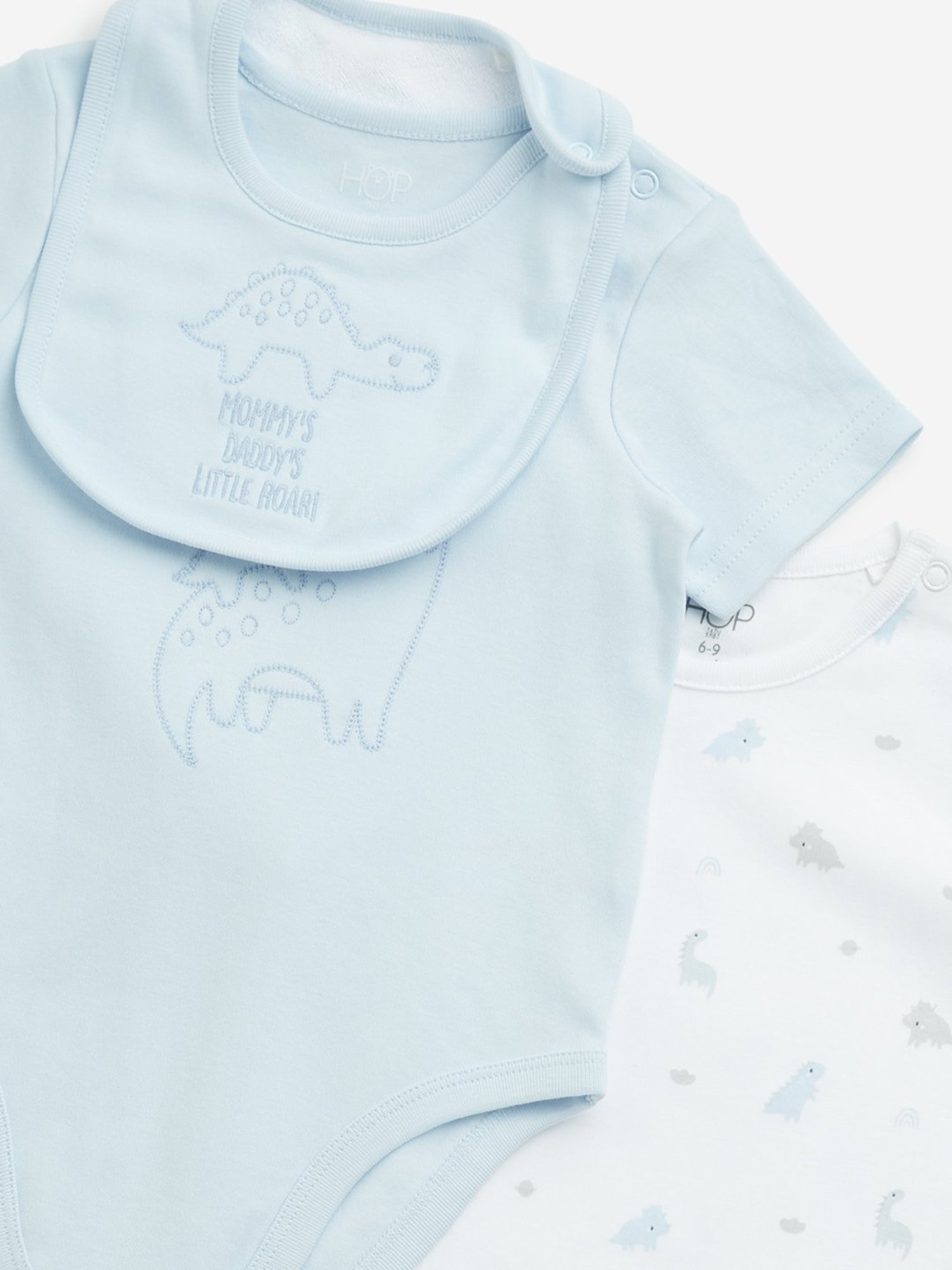 HOP Baby by Westside Blue Dinosaur Cotton Rompers with Bib - Pack of 2