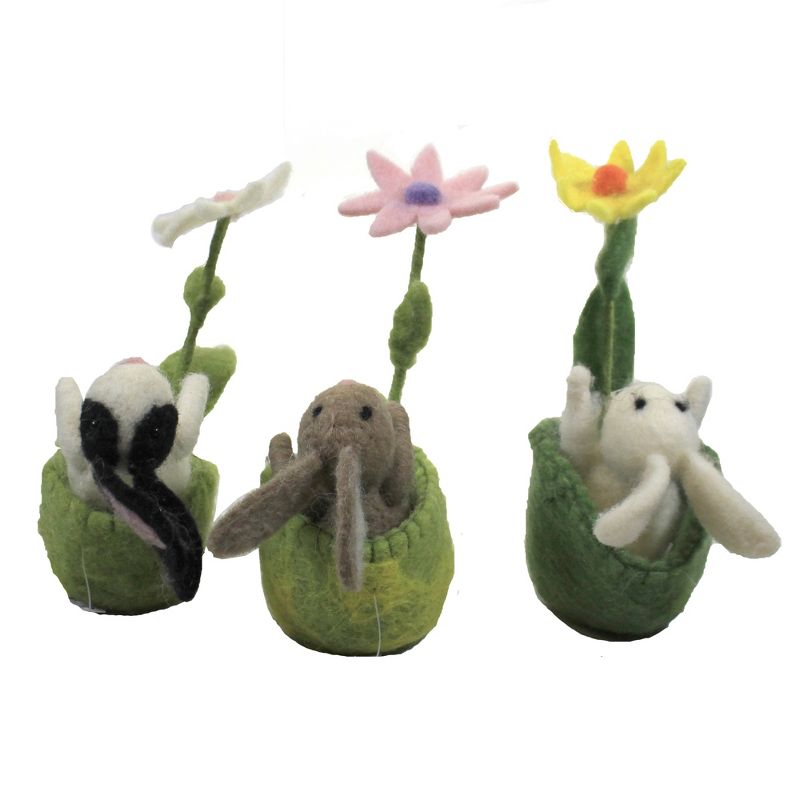 Easter 5.5" Wool Bunny In Basket Set / 3 Rabbit Vintage Spring Flower  -  Decorative Figurines