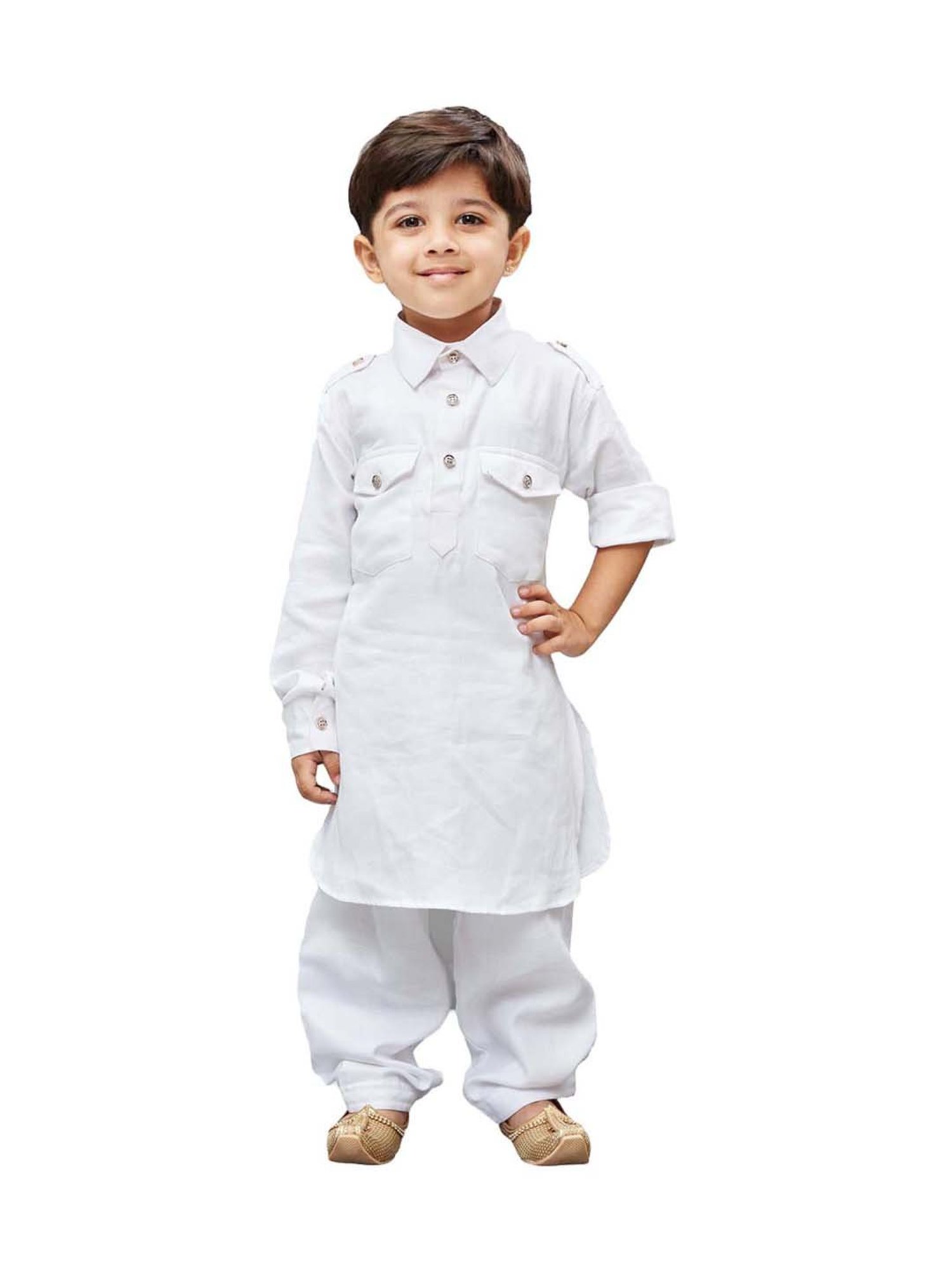 VASTRAMAY Kids White Cotton Pathani Kurta Set