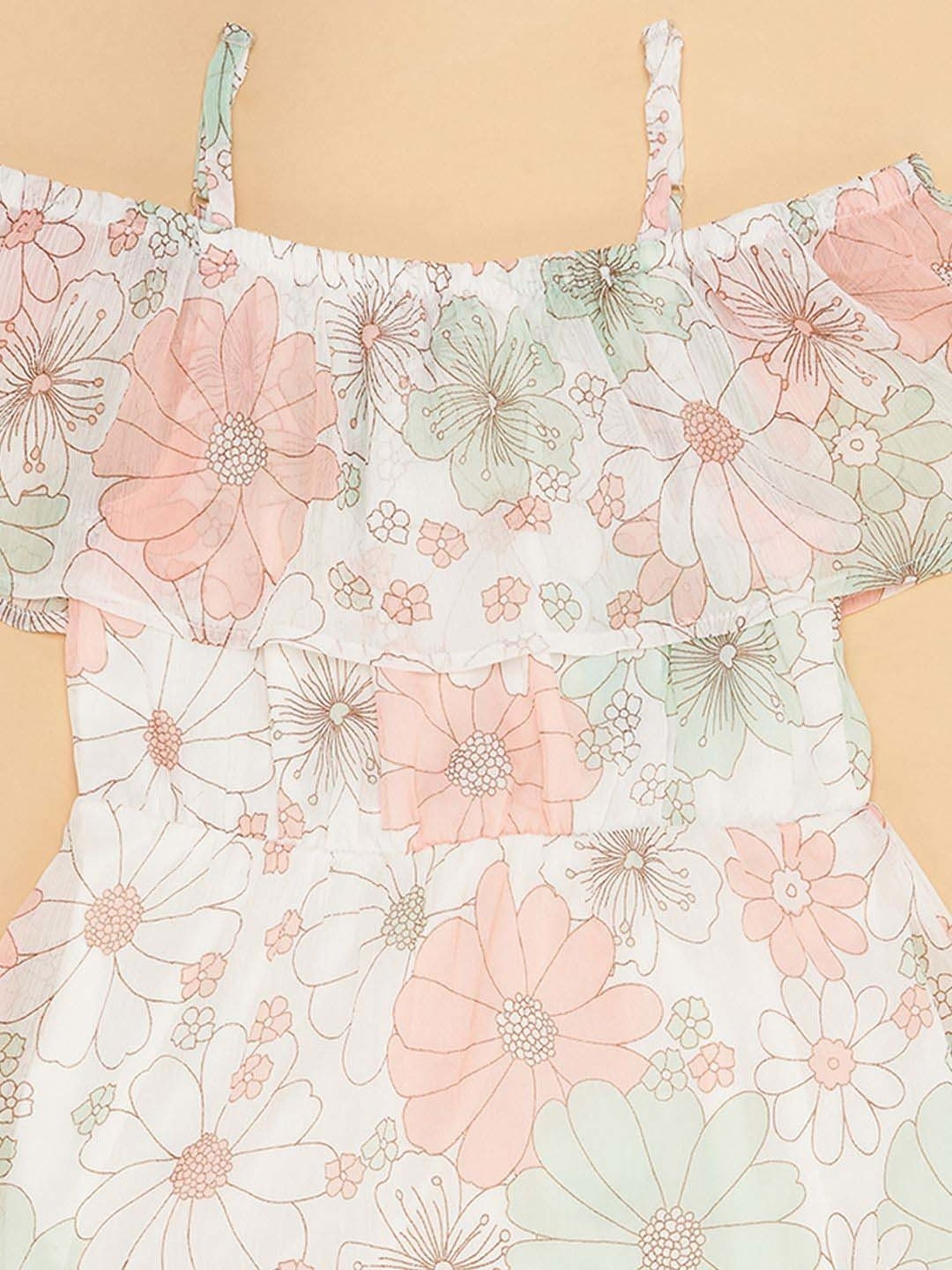 Pantaloons Junior Off-White & Pink Cotton Floral Print Dress