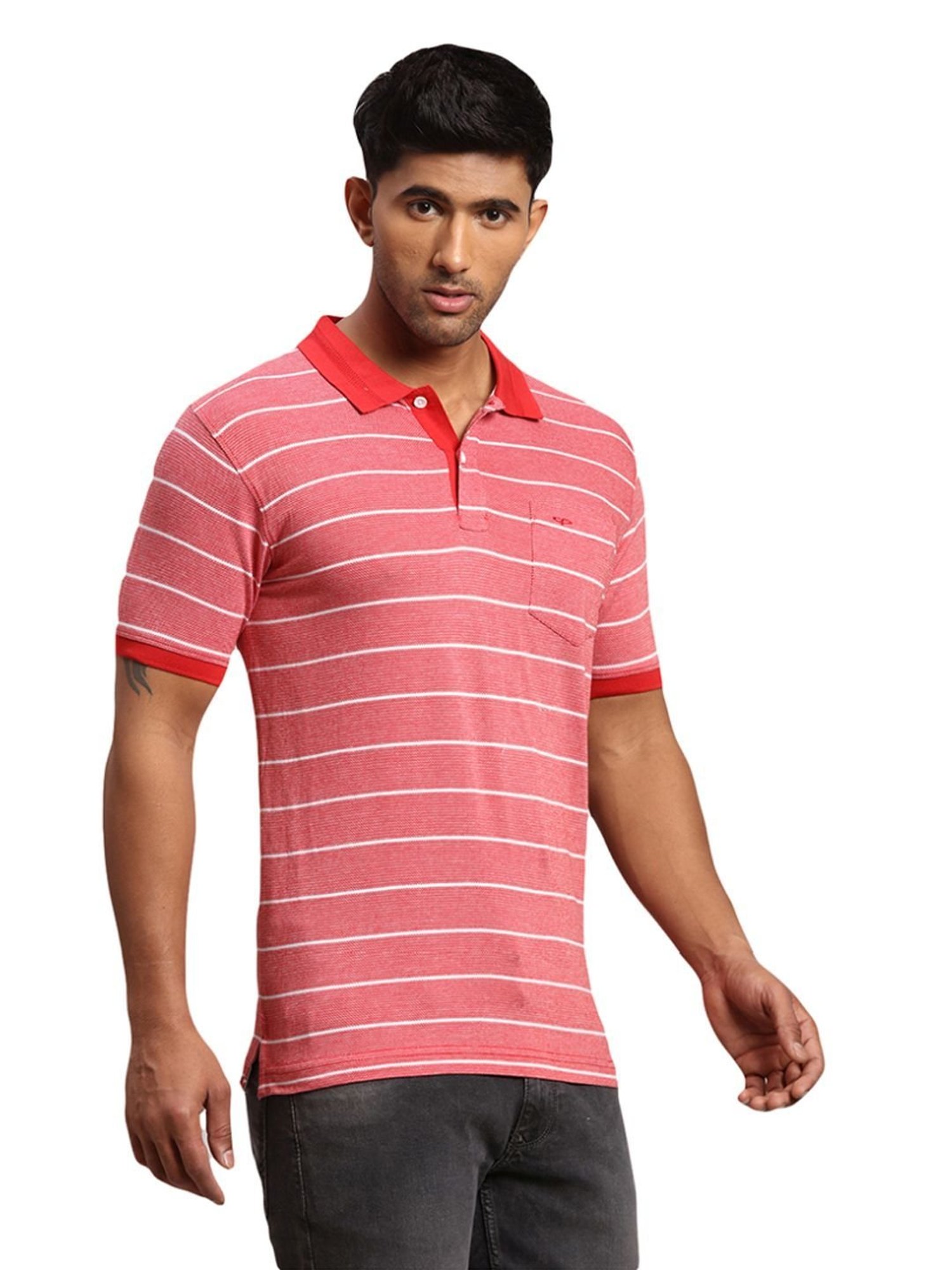 Colorplus Red Cotton Tailored Fit Striped Polo T-Shirt