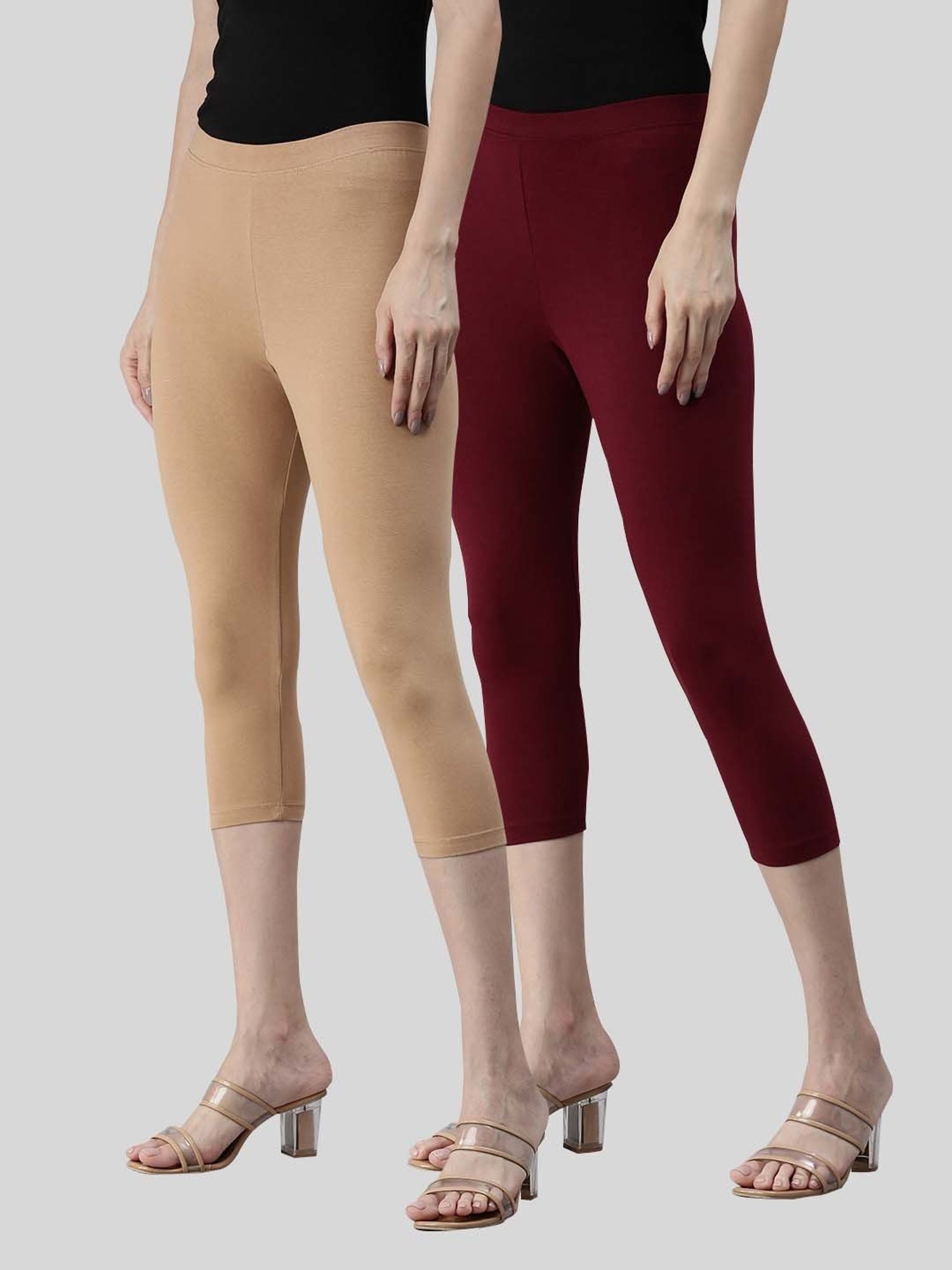 Kryptic Beige & Maroon Cotton Capris - Pack Of 2
