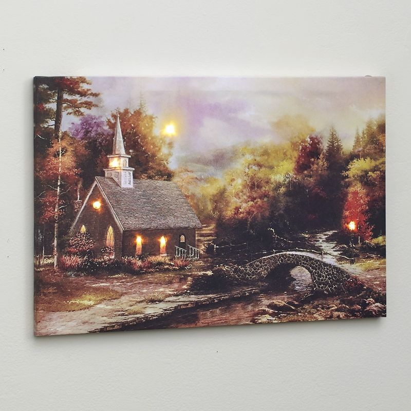 Lakeside Church by the River Lighted Wall Art Canvas Picture - Lighted Religious D'ecor