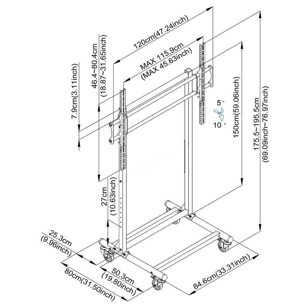 Cotytech Adjustable Ergonomic Mobile TV Cart For 56 inch - 70 inch With 2 Shelves
