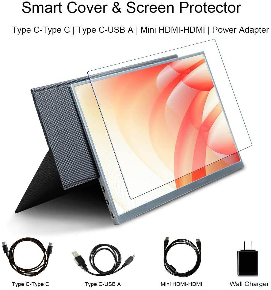 HONGO Ultra-Thin Portable Monitor 15 Inch IPS 1080P HDR Computer Gaming Monitor USBC Display for Laptop PC Phone Xbox PS4 Switch, Smart Cover Stand & Screen Protector Included