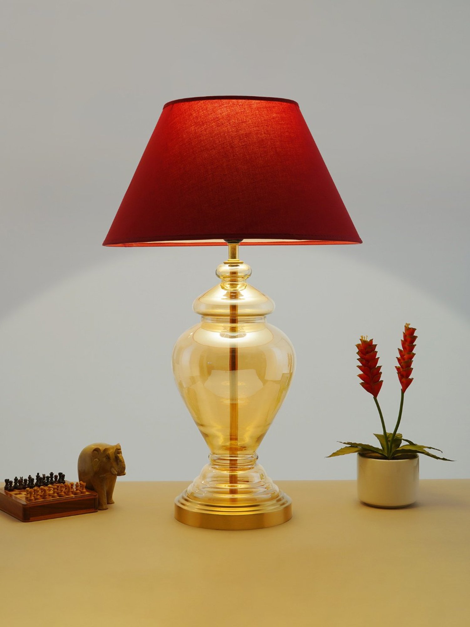 Kapoor E Illuminations Maroon & Antique Gold Glass Table Lamp - Set of 1