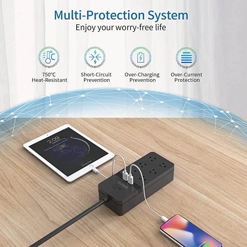 Flat Plug Power Strip with USB  Mountable Surge Protector Flat Plug 6 Outlets 2 USB Desktop Charging Station 5ft Heavy Duty Extension Cord 15A Circuit Breaker for Home and Office Black