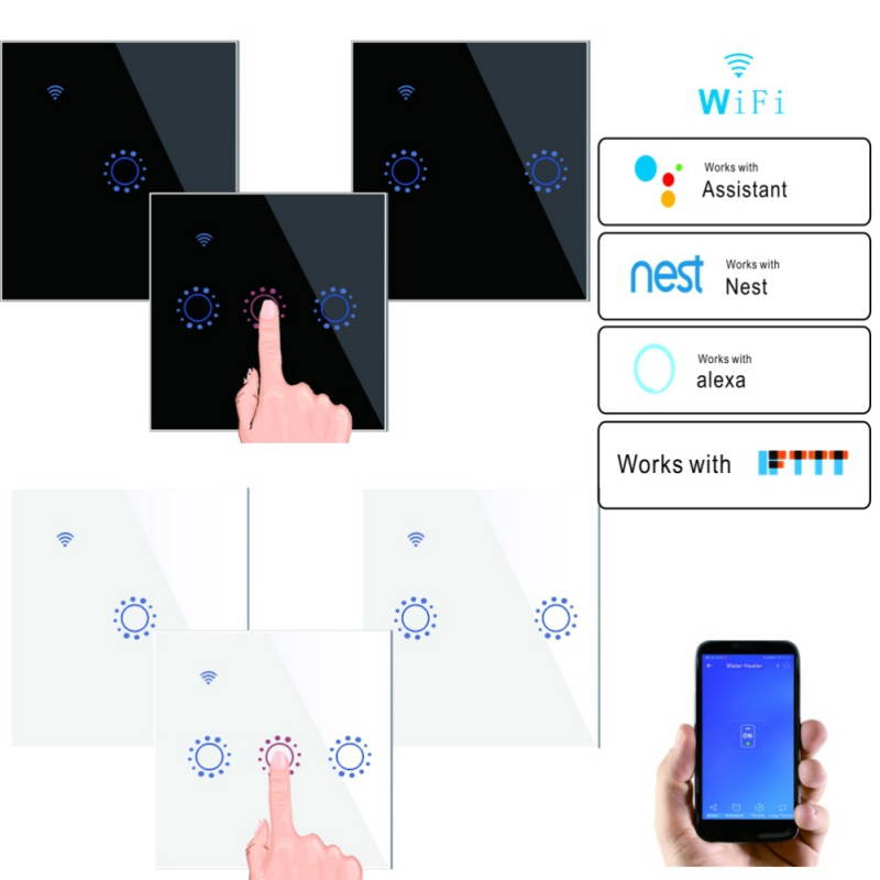 Smart Switch 3 Gang WiFi Light Switches in Tempered Glass Touch Panel by Tuya/Smart Life APP Compatibles with Alexa, Google Home and IFTTT,No Hub Required (Black)