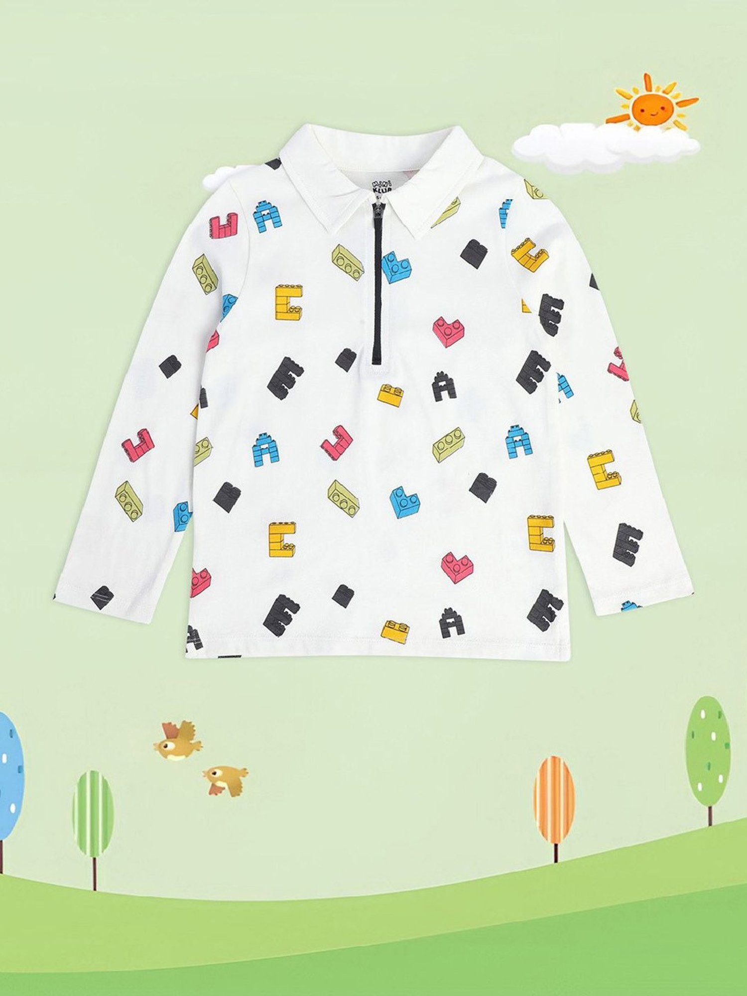 MINIKLUB Kids White Printed Full Sleeves Polo T-Shirt