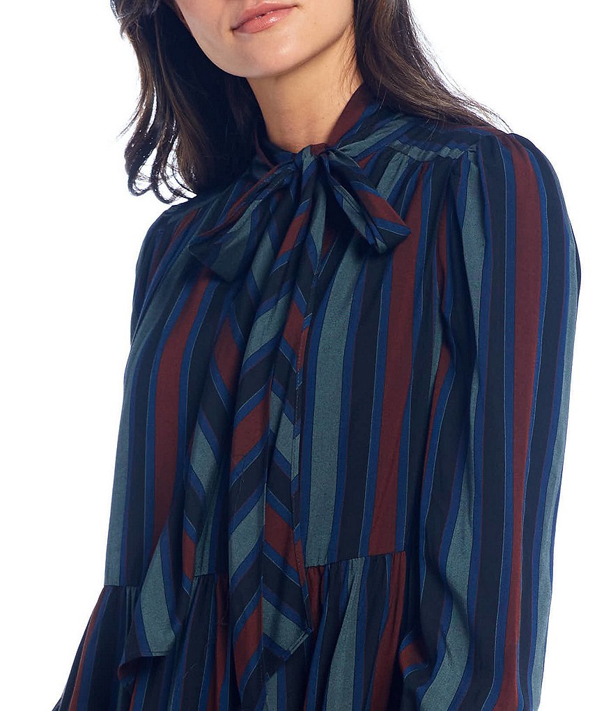 Maggy London Tie Neck Long Cuff Sleeve Striped Tiered Trapeze Dress