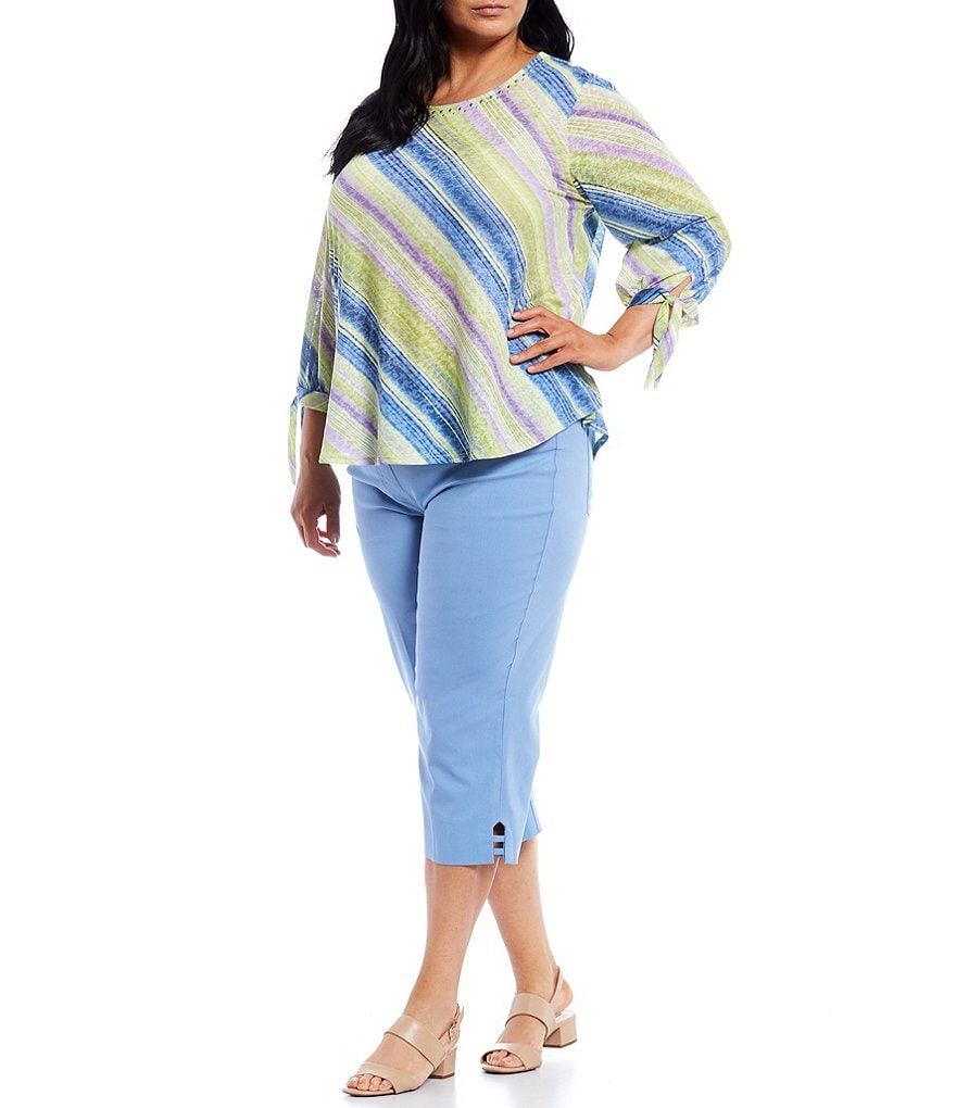 Ruby Rd. Plus Size Embellished Watercolor Stripe Jewel Neck Bow Cuff 3/4 Sleeve Top