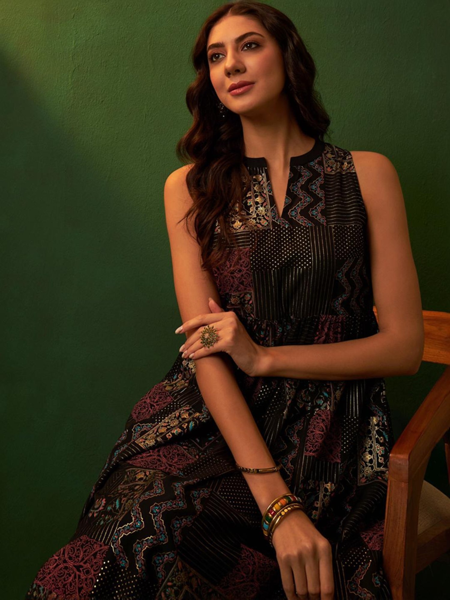 Ziyaa Black Printed A-Line Dress