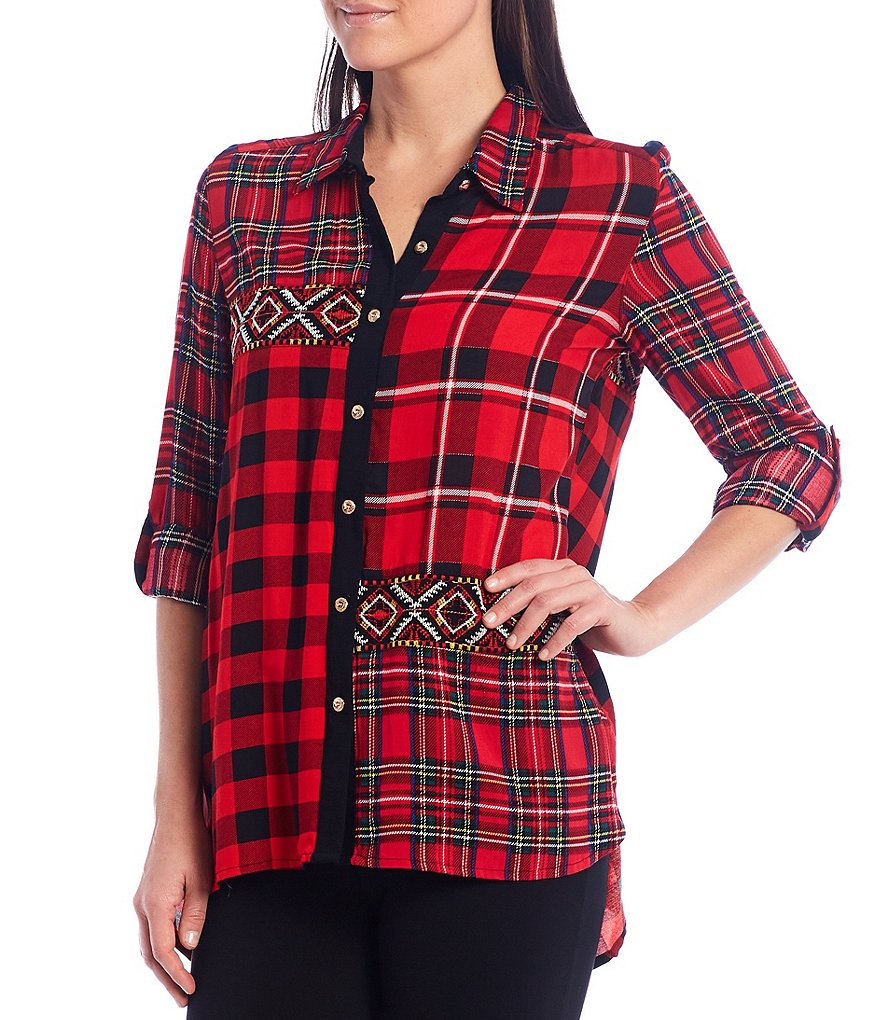 Calessa Petite Size Tartan Plaid Patchwork Embroidery Shirt