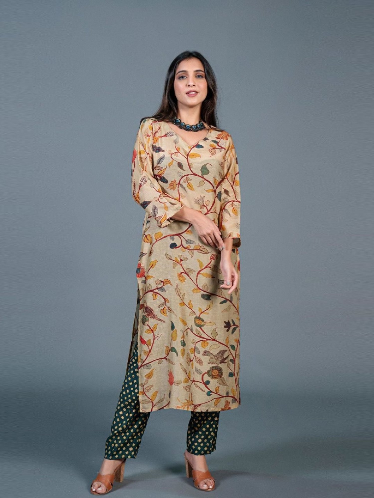 Eeshva India Beige Kalamkari Printed Kurta Pant Set