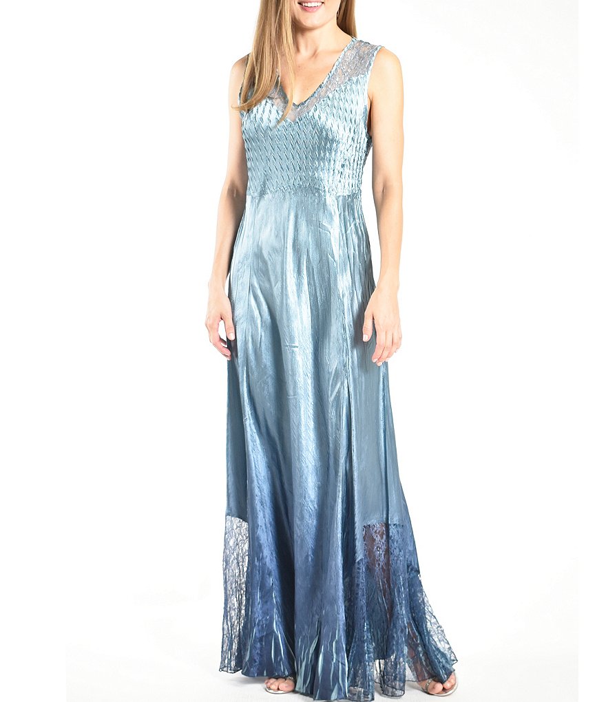 Komarov Accordion Pleated Sleeveless Charmeuse Gown With Shawl