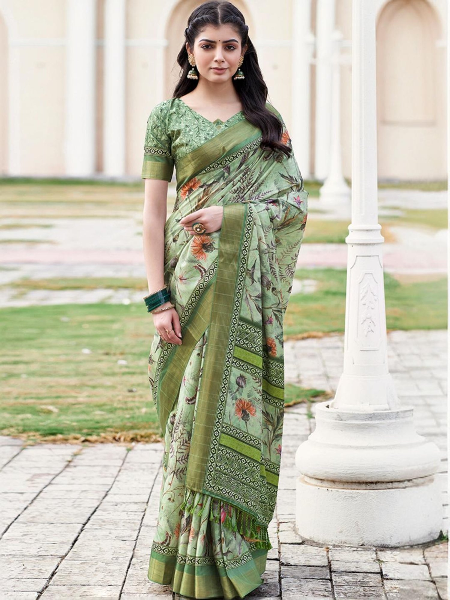 Satrani Green Silk Floral Print Saree With Unstitched Blouse