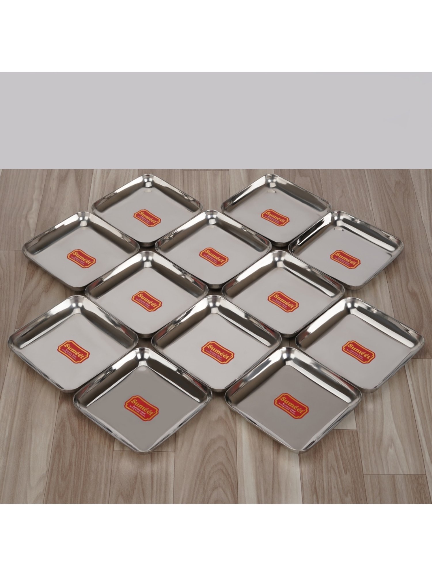 Sumeet S.S. Small Square Shape Plate/Dessert Plate/Halwa Plate Set of 12pcs, 12.5cm dia, Silver