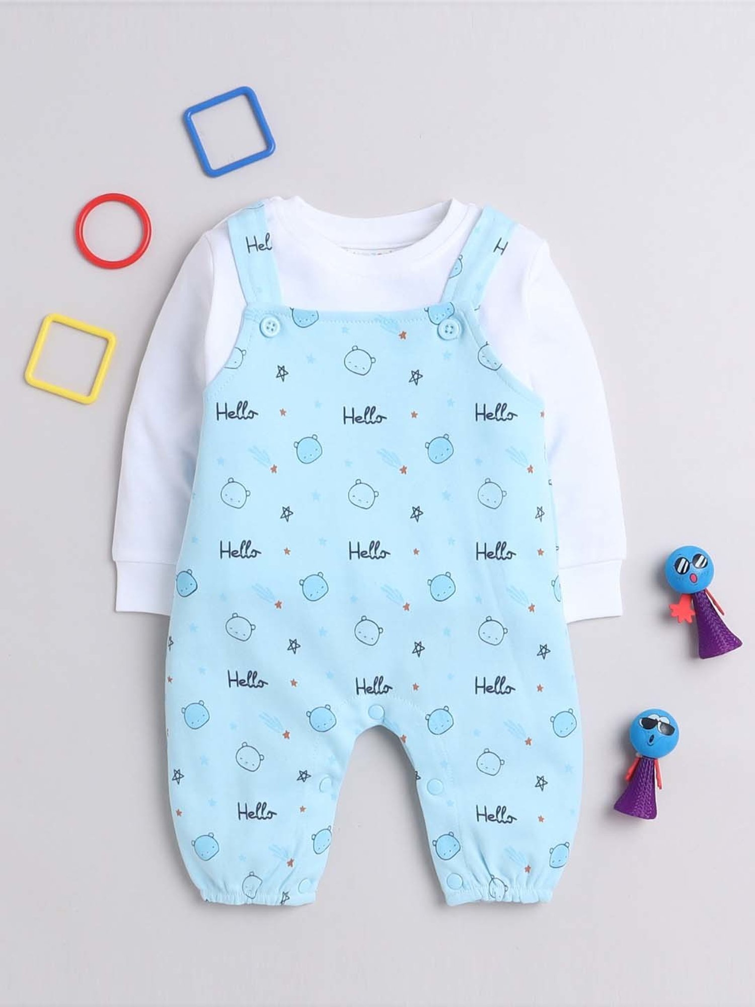 Bumzee Kids Sky Blue & White Cotton Printed Full Sleeves T-Shirt Set