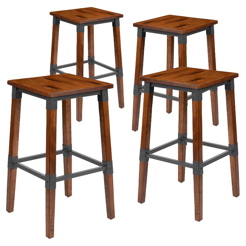Emma and Oliver 4 Pack Commercial Grade Rustic Walnut Industrial Style Backless Wood Barstool