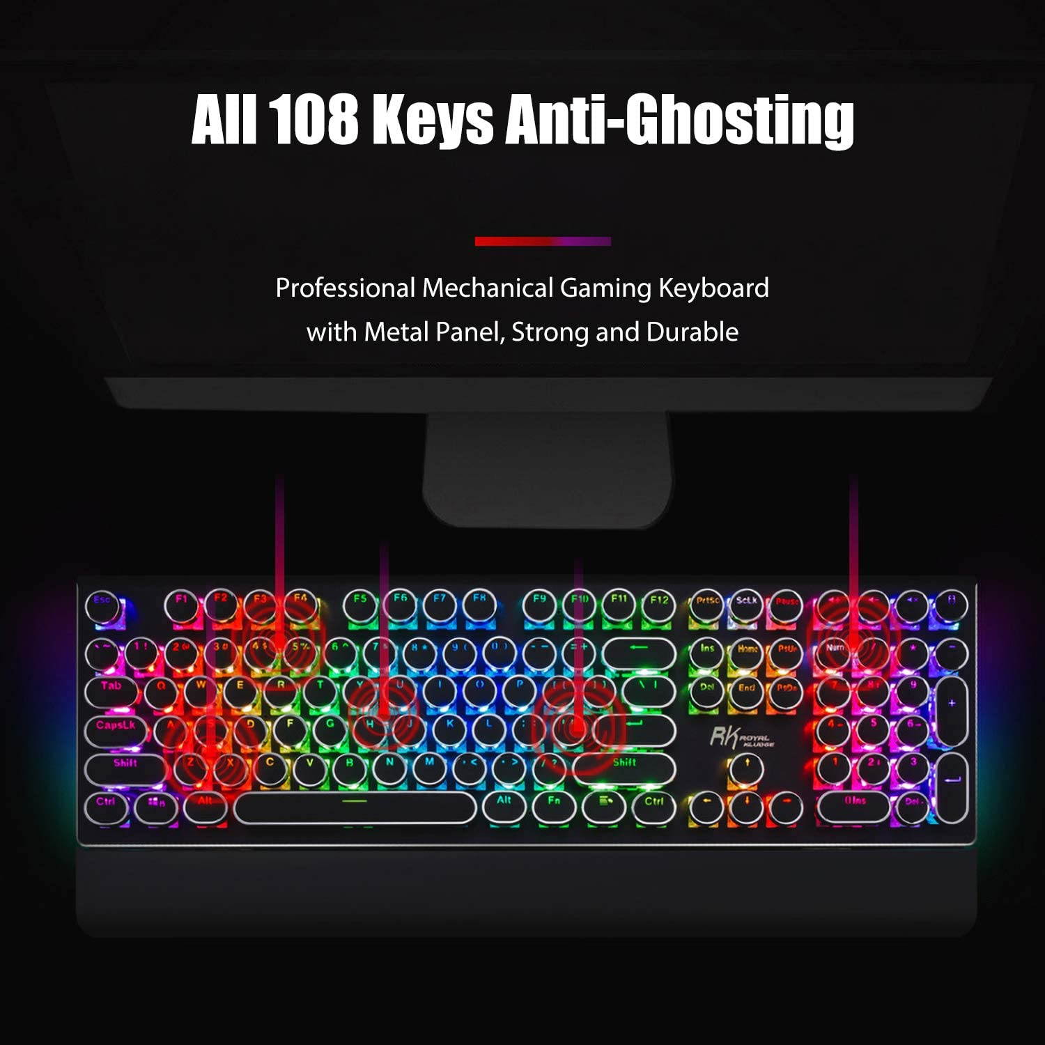 CUUWE RK Typewriter Style Mechanical Gaming Keyboard with True RGB Backlit, Collapsible Wrist Rest, 108-Key Anti-Ghosting Blue Switch Retro Steampunk Vintage Round Keycaps, Metal Panel Wired USB