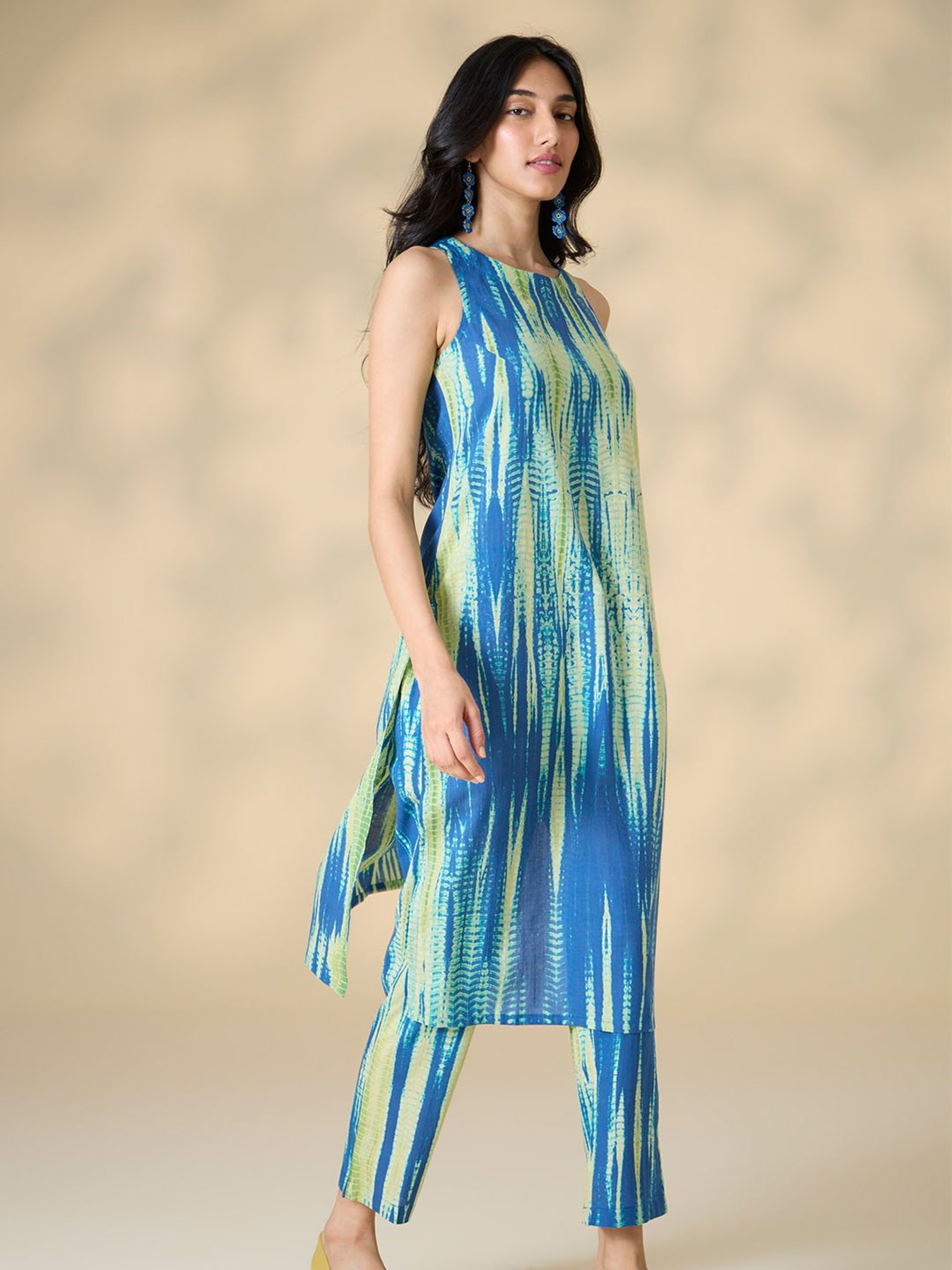 Okhai Blue & Green Cotton Tie-Dye Kurta Pant Set
