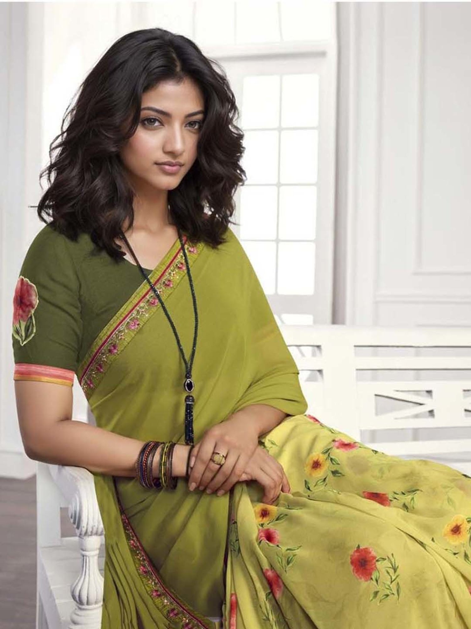 Rangita Lime Green Printed Saree With Blouse