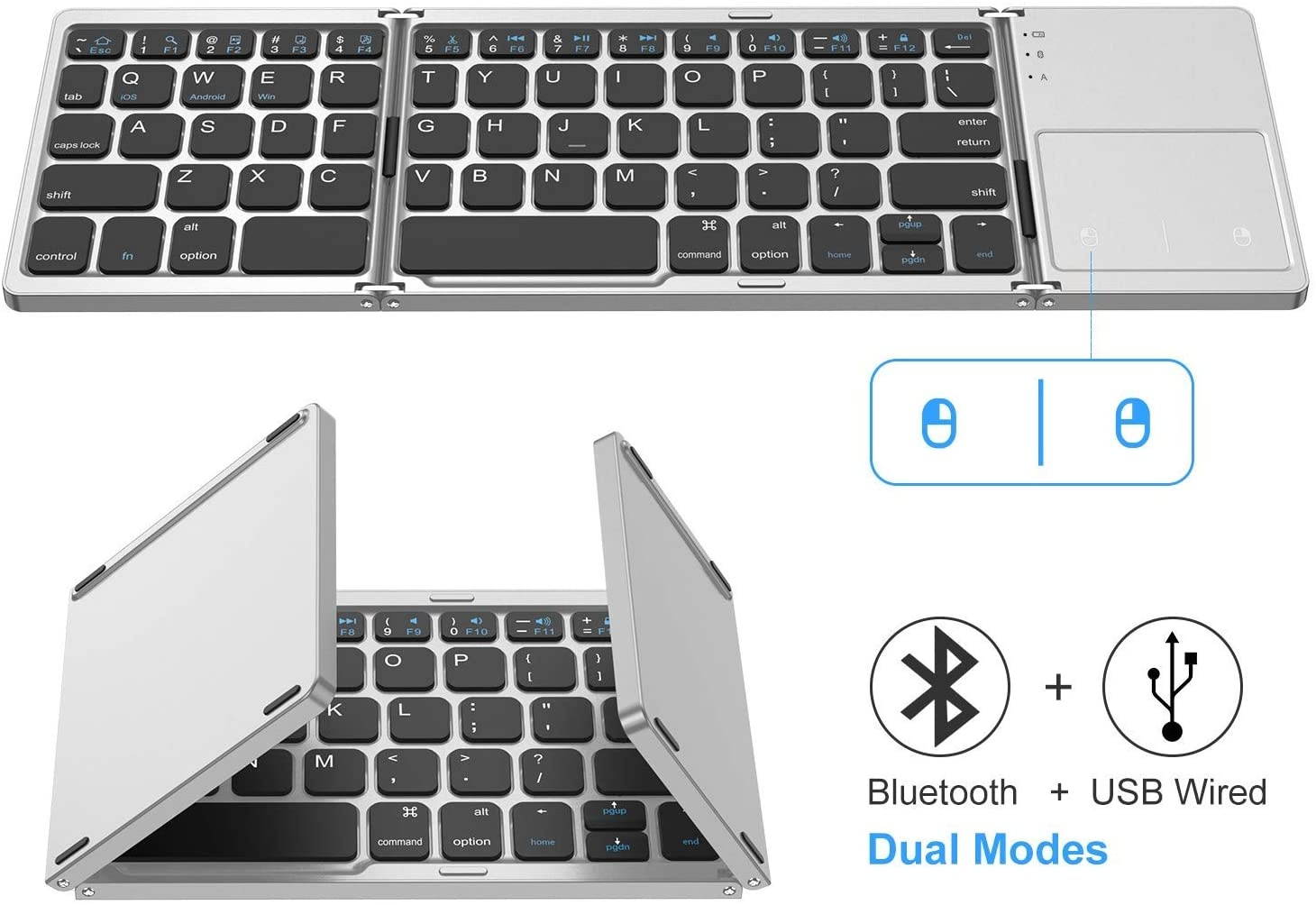 Foldable Bluetooth Keyboard, Jelly Comb Dual Mode Bluetooth & USB Wired Rechargable Portable Mini BT Wireless Keyboard with Touchpad Mouse for Android, Windows, PC, Tablet-Black and Silver