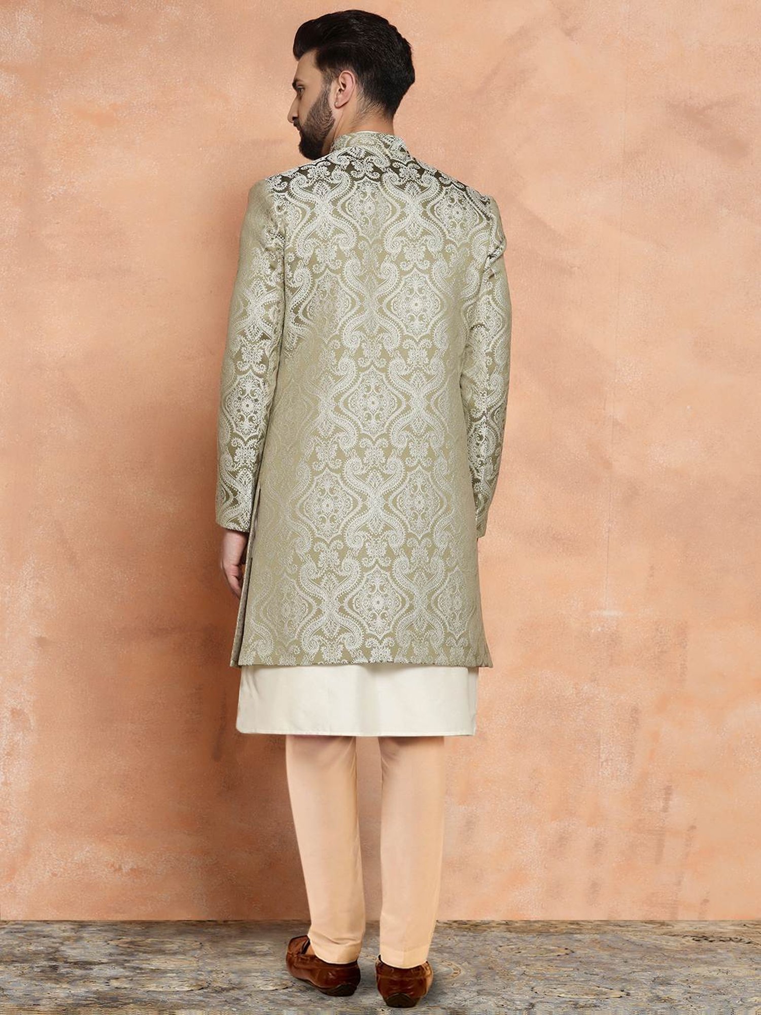Kisah Beige & Green Regular Fit Jacquard Sherwani Set