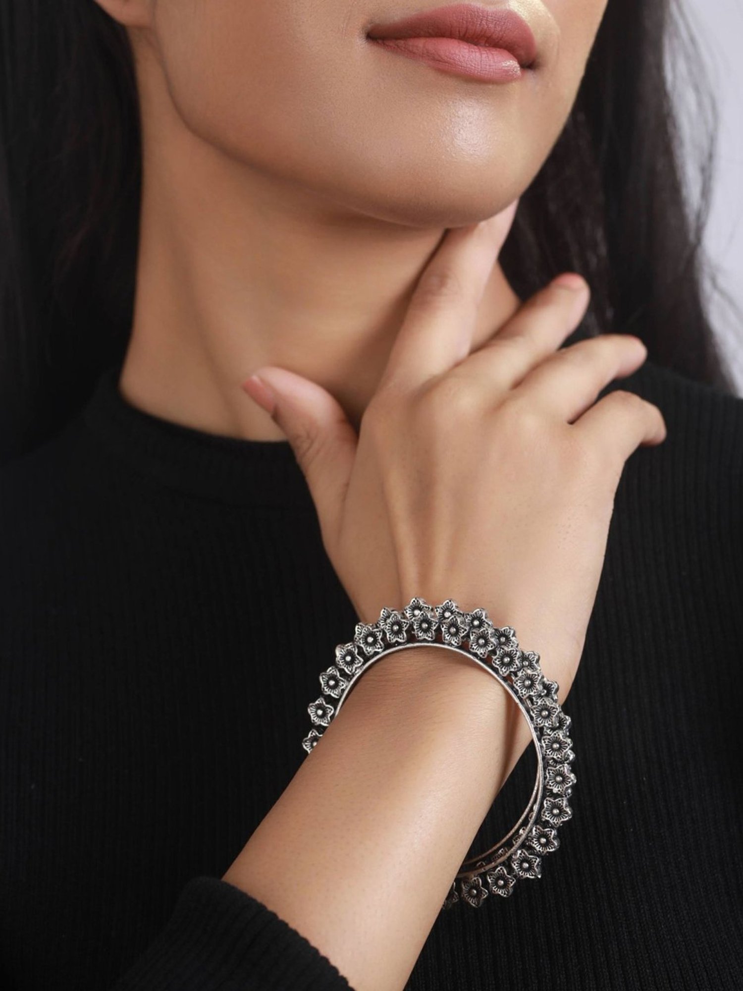 Aatmana Silver-Plated Handcrafted Oxidized Bangles for Women (Set of 2) - 2.4