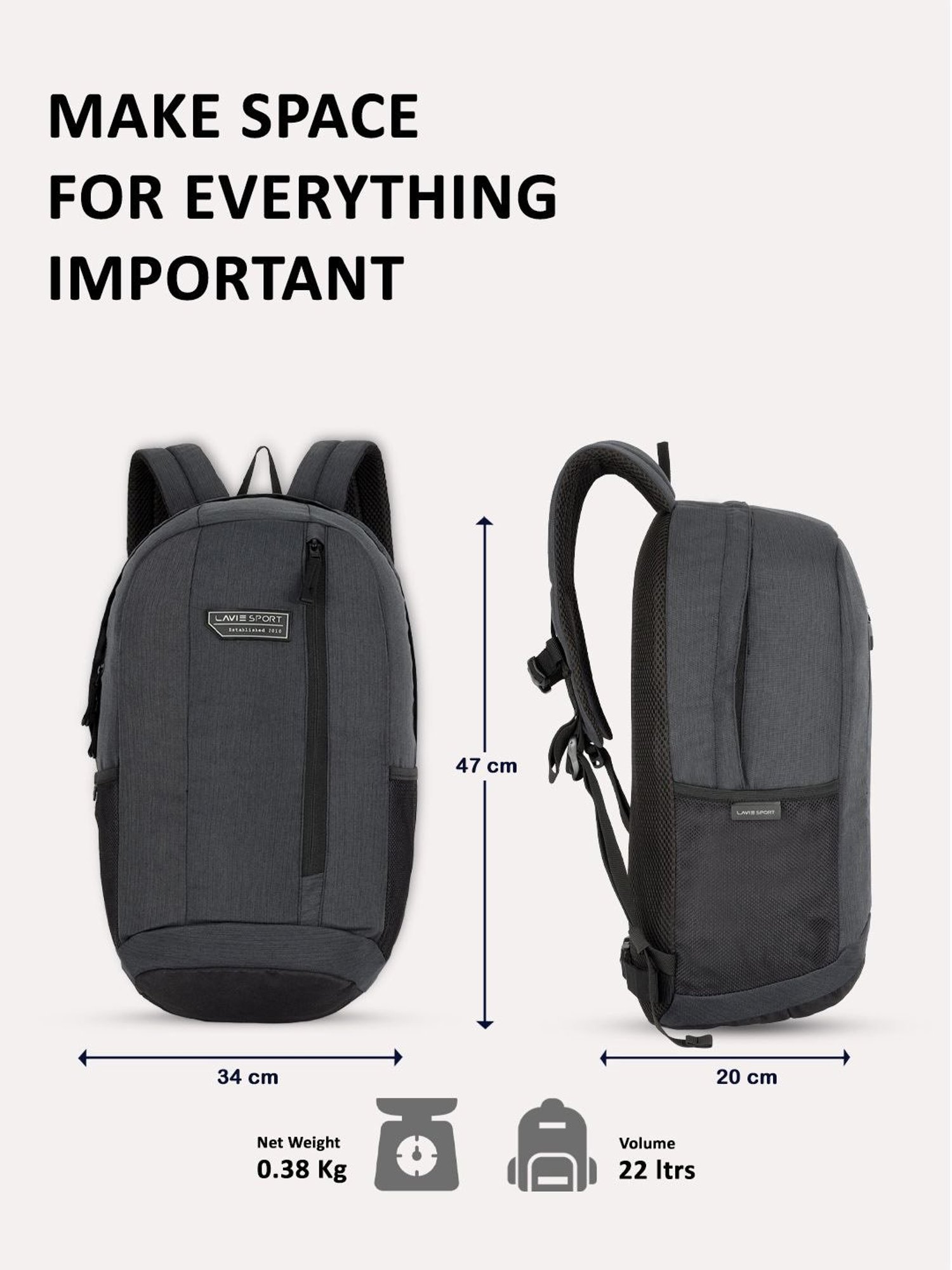 Lavie Sport Black Polyester Solid Backpack - 22 Ltrs