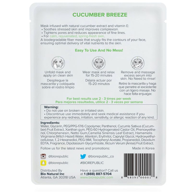 BioRepublic Skincare Face Mask - Cucumber Breeze - 3ct