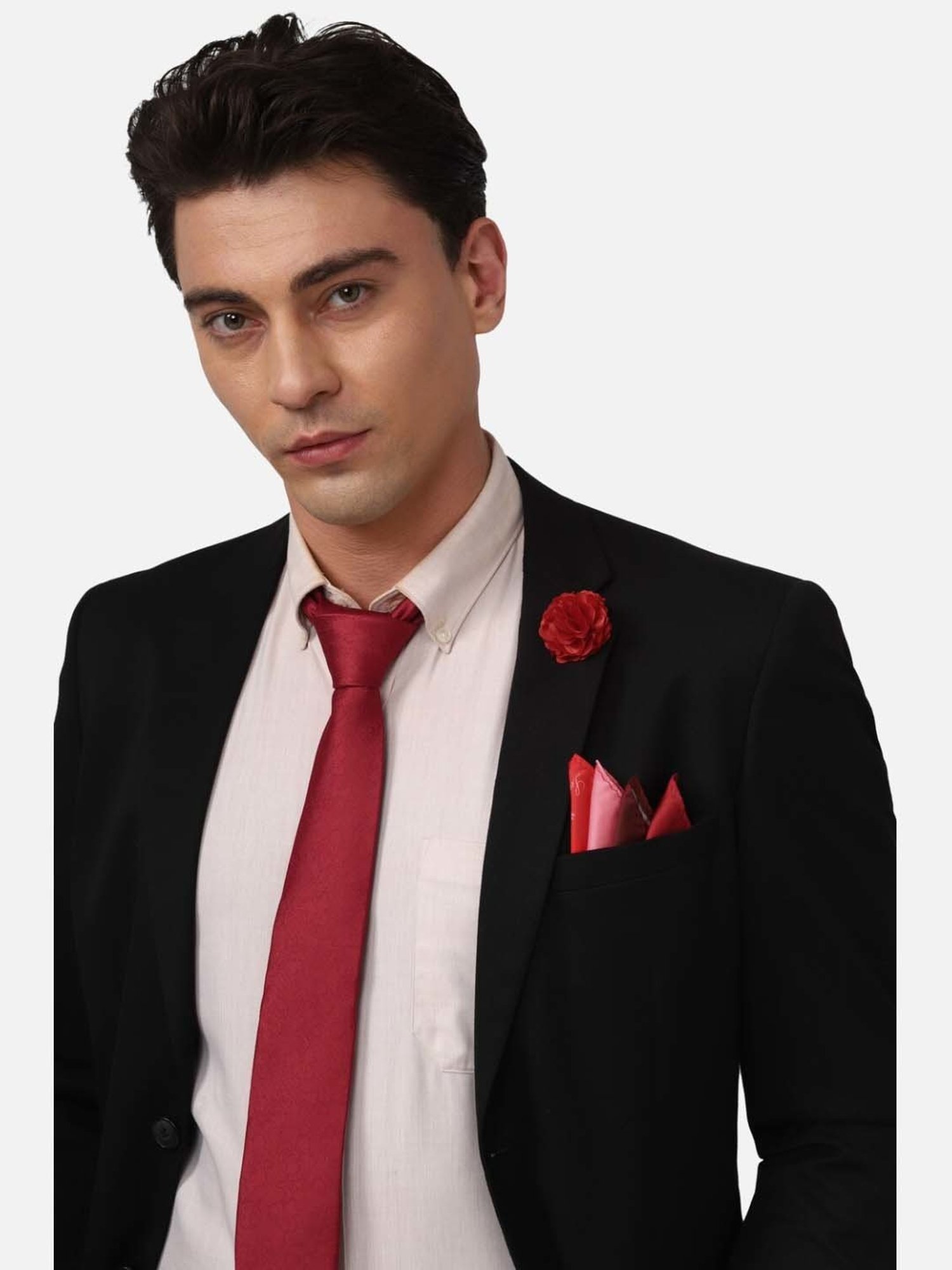 Louis Philippe Red Embroidered Tie with Pocket Square & Lapel Pin