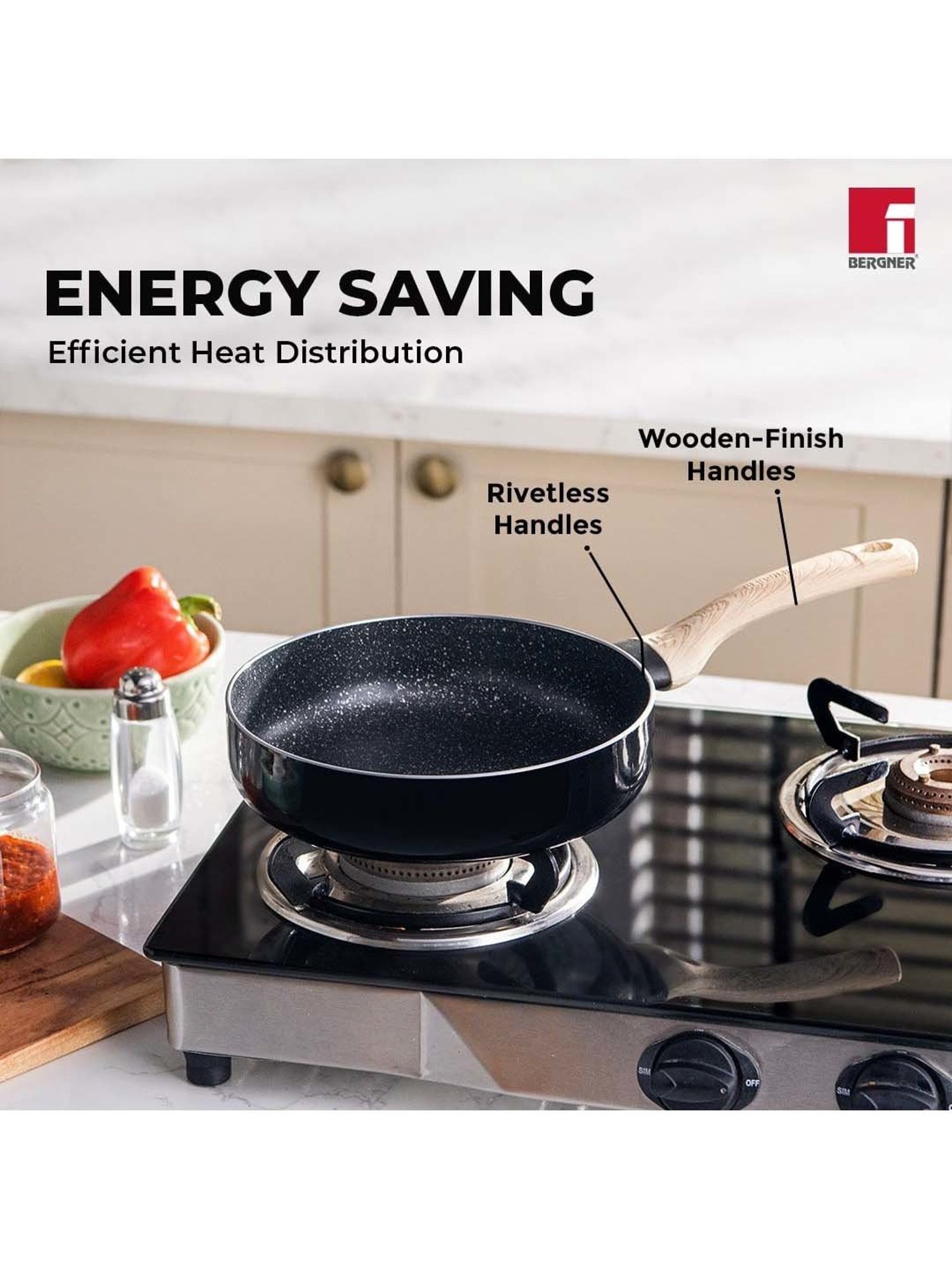 Bergner Bellini & Aura Black 20 cm Induction Deep Frypan With Wooden Finish Handle (1.8 L)