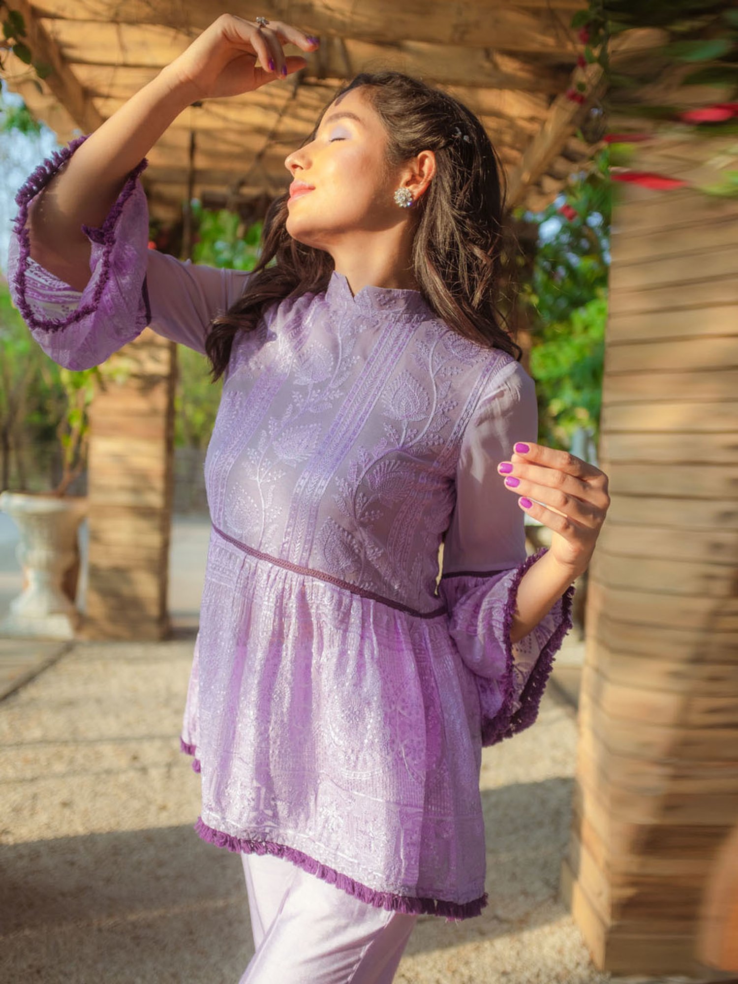 Monk and Mei Nazm Flared Chikankari Top & Pants- Veryperi Violet