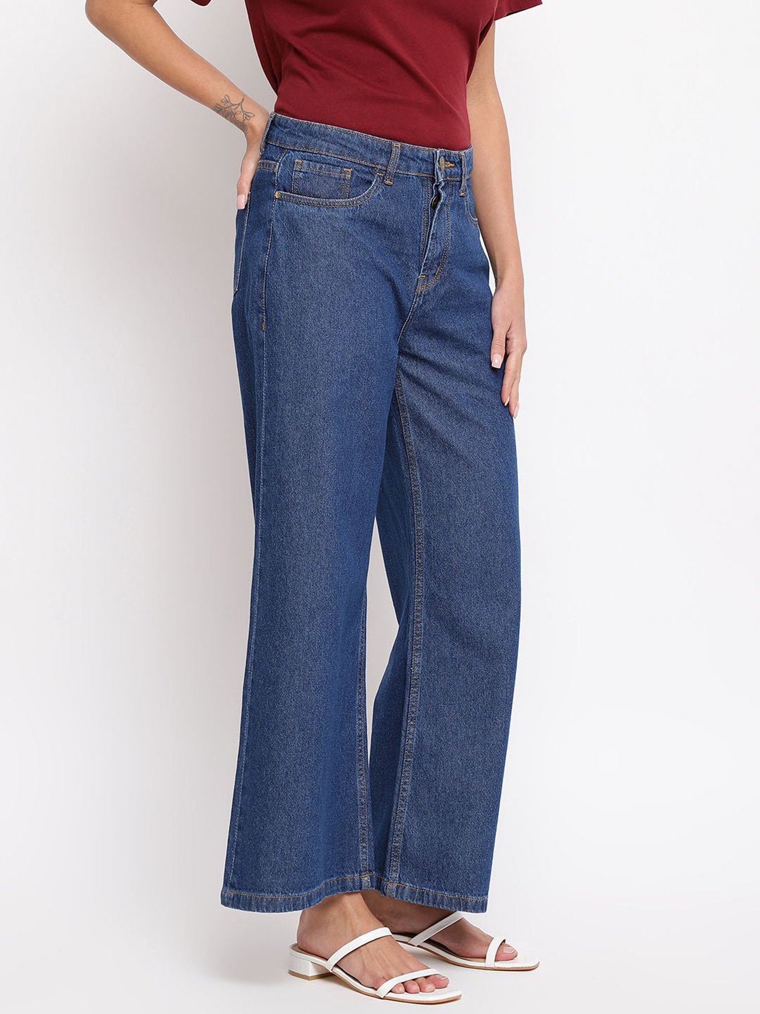 Tales & Stories Dark Blue Cotton Mid Rise Wide Leg Jeans