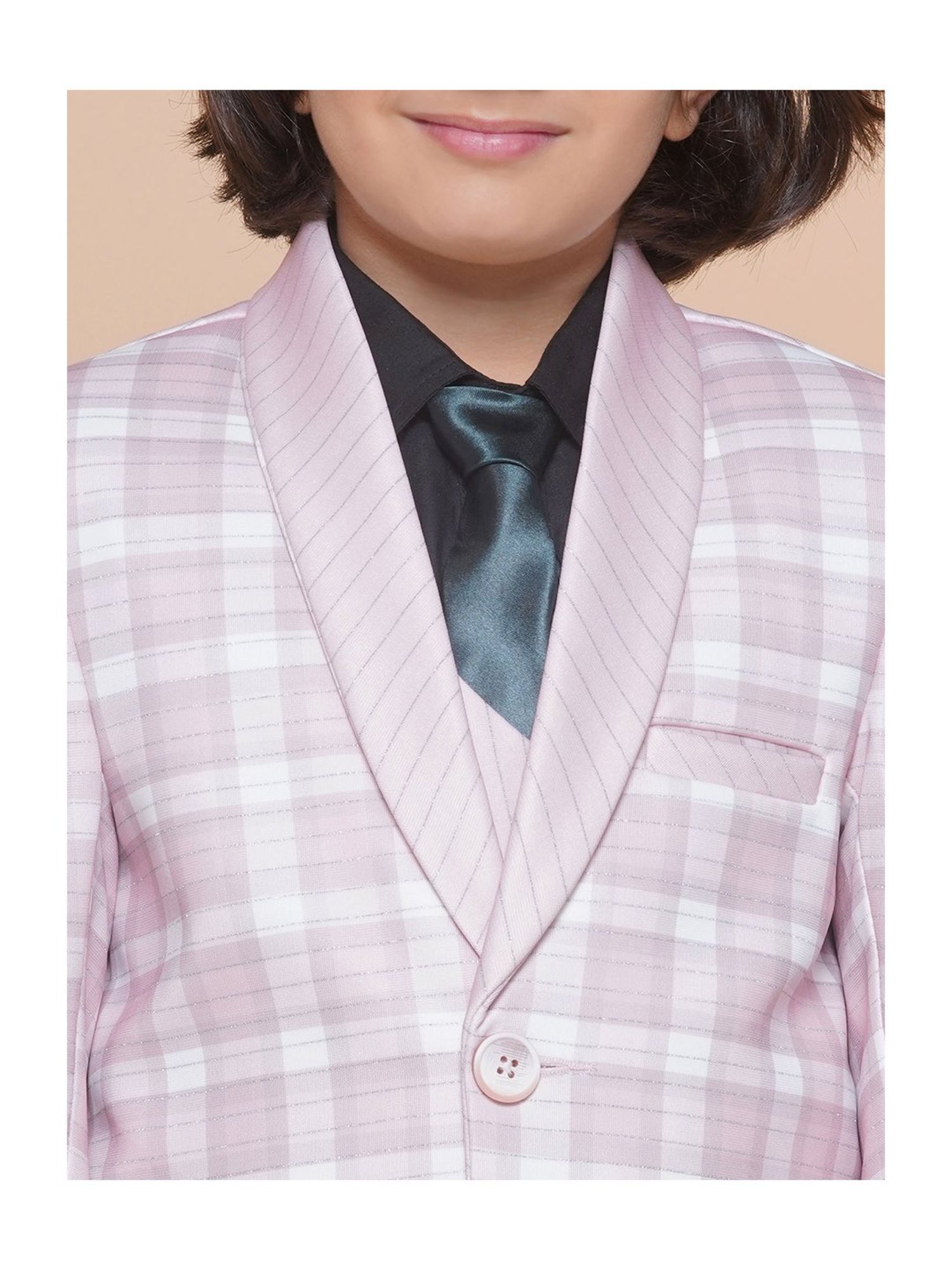 AJ Dezines Kids Light Pink Checks Full Sleeves Shirt, Pants, Coat, Waistcoat with Tie