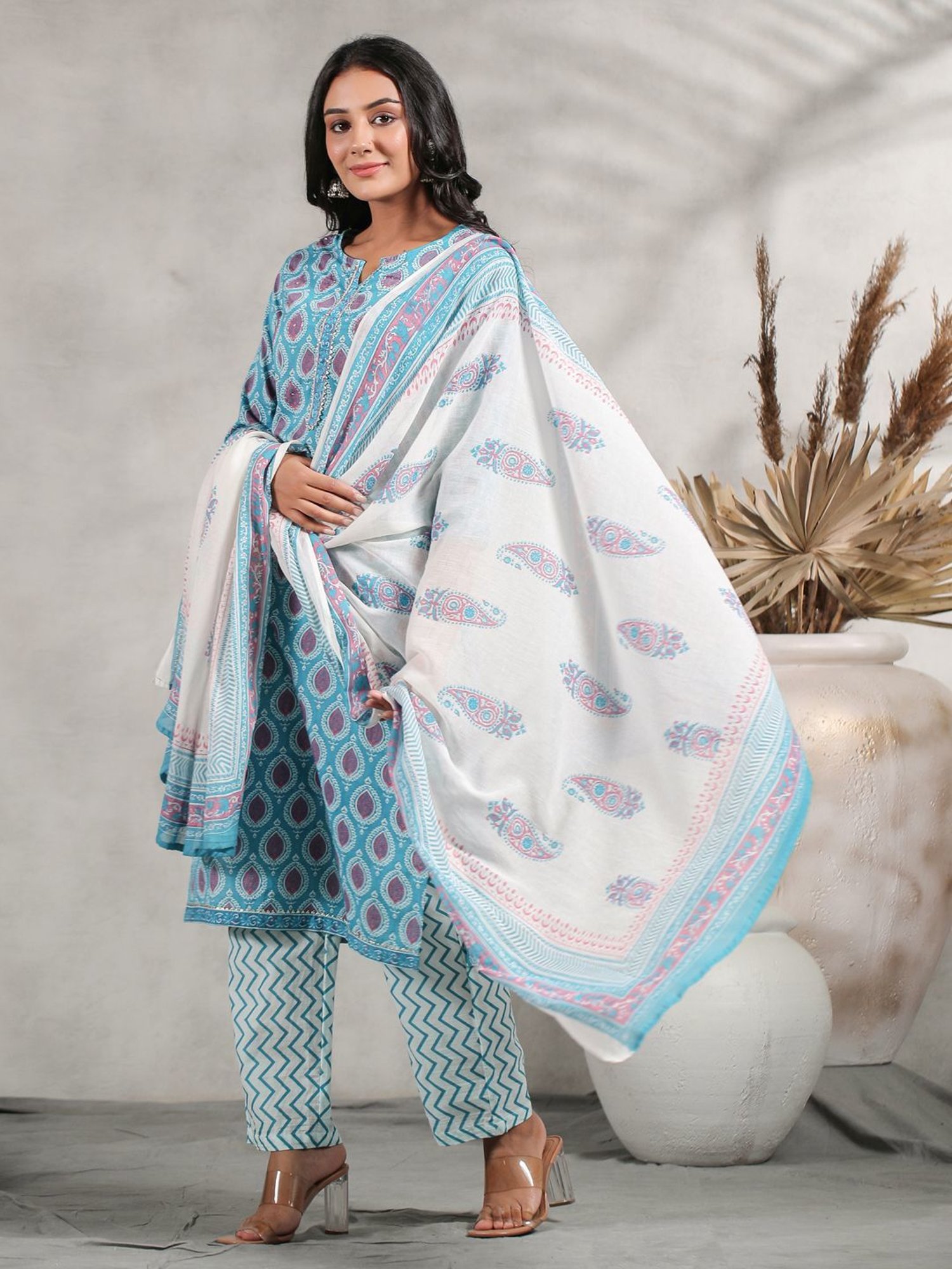 Anubhutee Turquoise Cotton Printed Kurta Pant Set With Dupatta