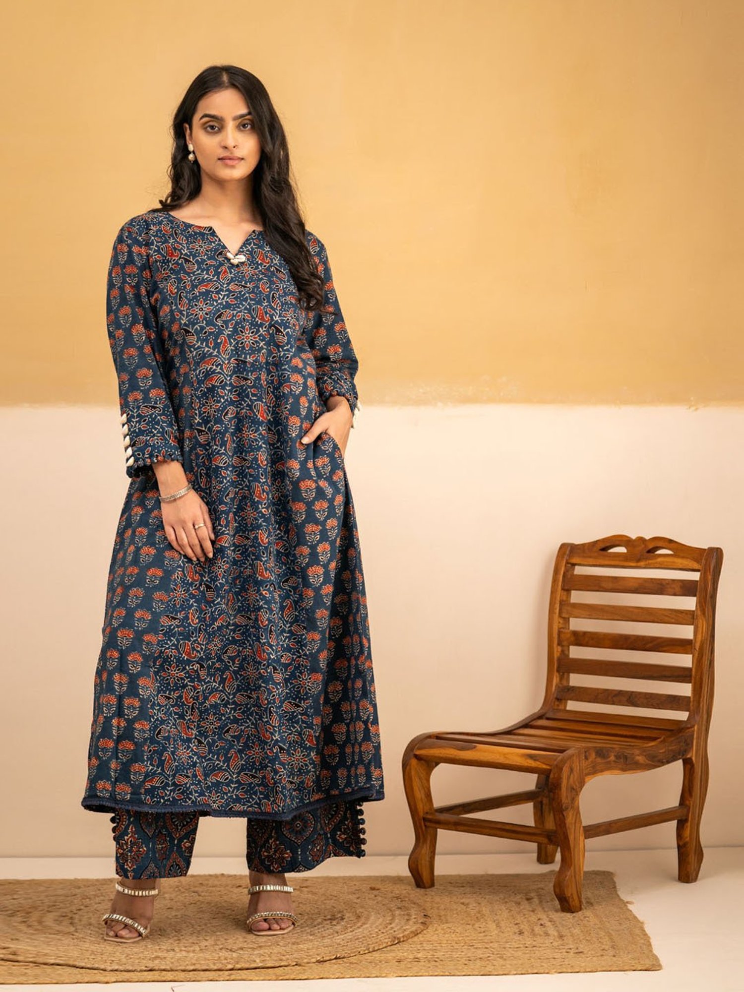 Love Chic Ajrakh A-Line Kurta with cowrie shells and crochet lace detailing